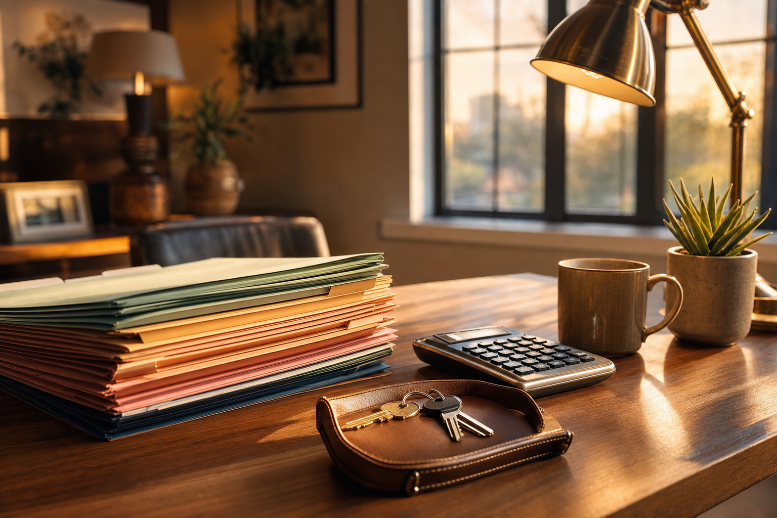 Escritorio de home office de un inversionista inmobiliario durante la hora dorada, con carpetas de propiedades codificadas por color, llaves de casas en una bandeja de cuero y una calculadora, tranquilo y ordenado, sin personas.
