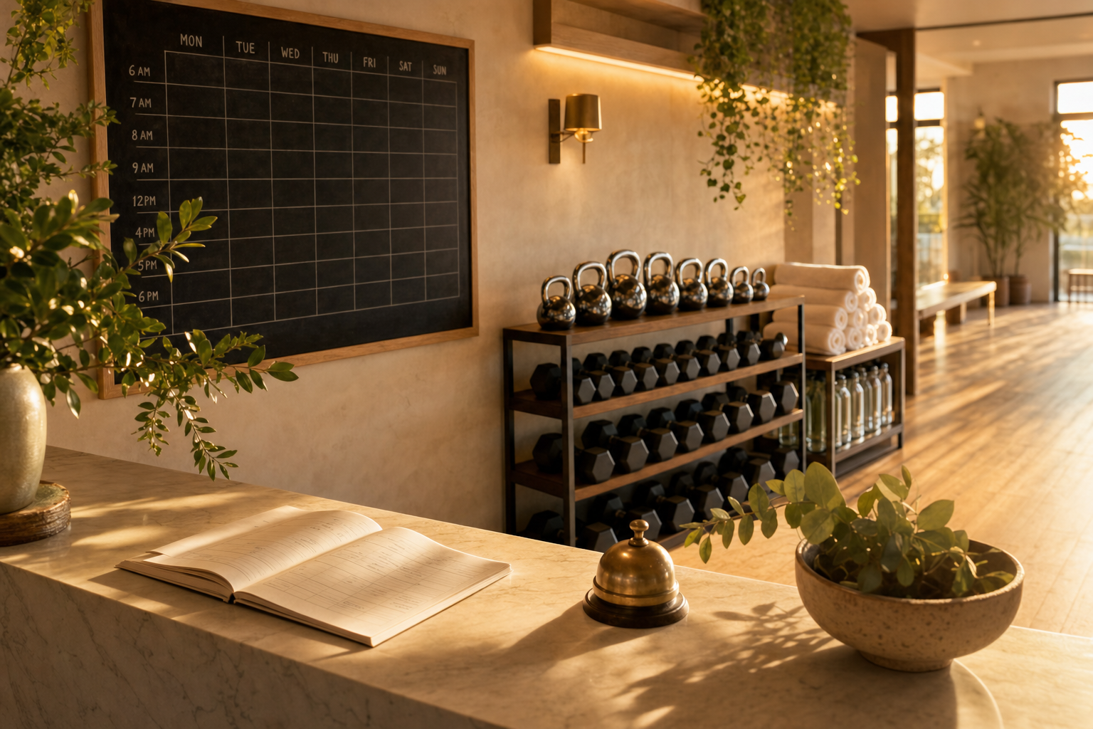 A calm, orderly boutique gym reception area at golden hour with a paper class schedule board, neatly stacked towels, and a rack of kettlebells.