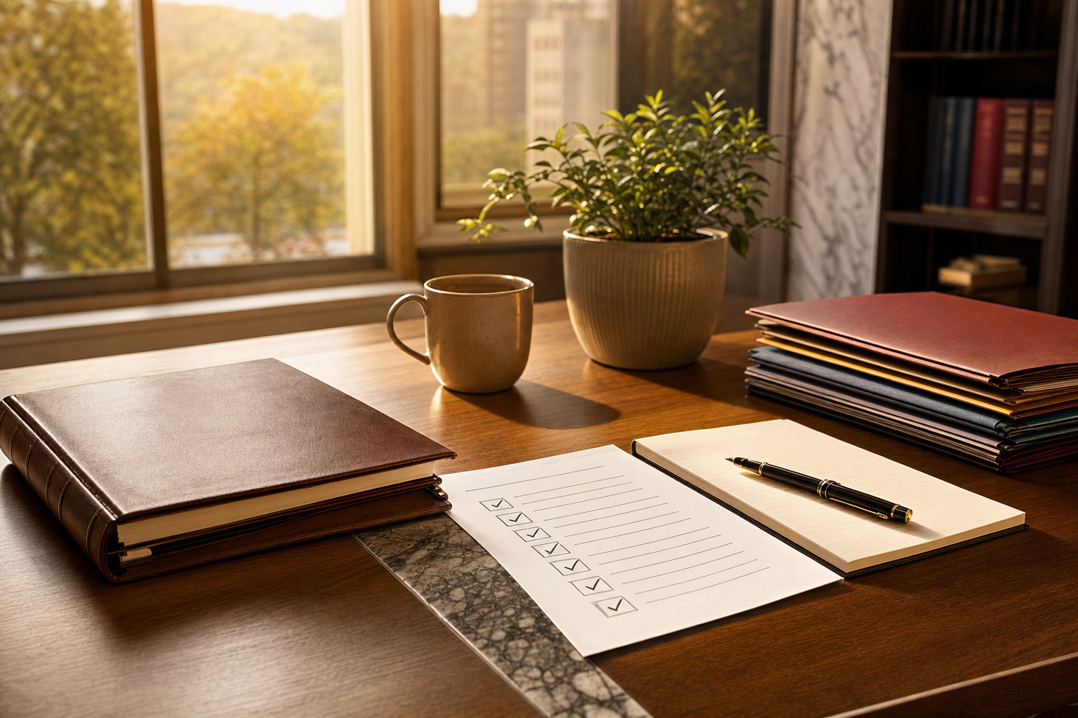 A tidy Canadian small-business office desk with a paper compliance binder, a printed checklist, and a fountain pen in warm window light, no people.