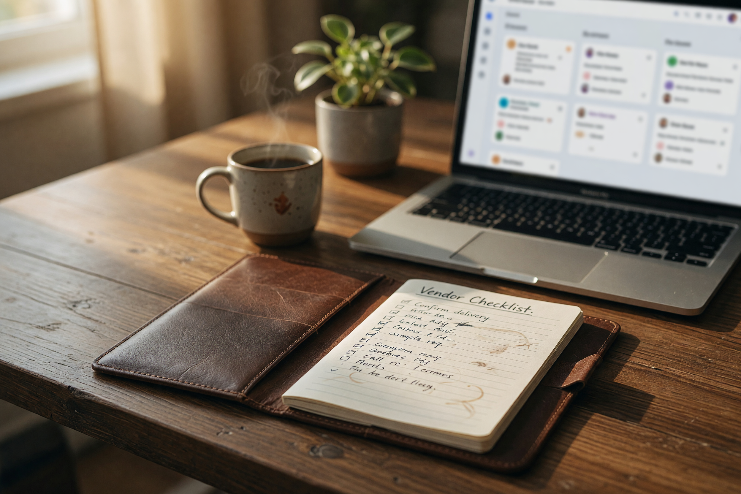 A small-business desk with a laptop showing a CRM interface, a notepad with handwritten vendor questions, and a cup of coffee, warm natural window light, no people