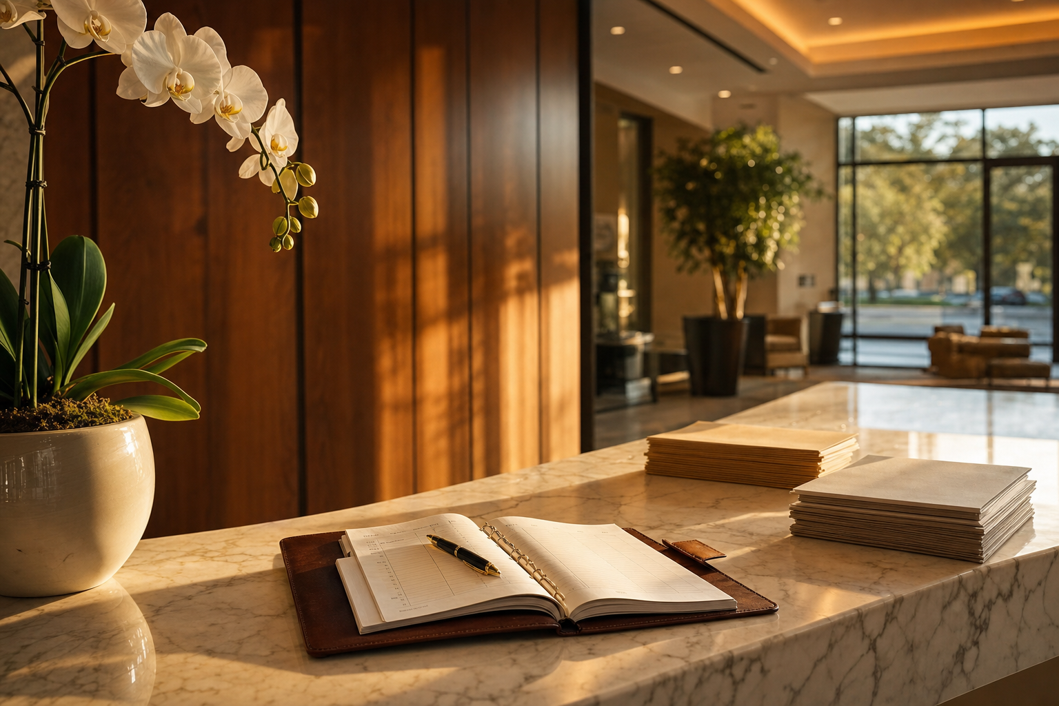 A calm, empty upscale front reception desk at an Austin service business in golden morning light, representing an AI receptionist quietly answering calls.