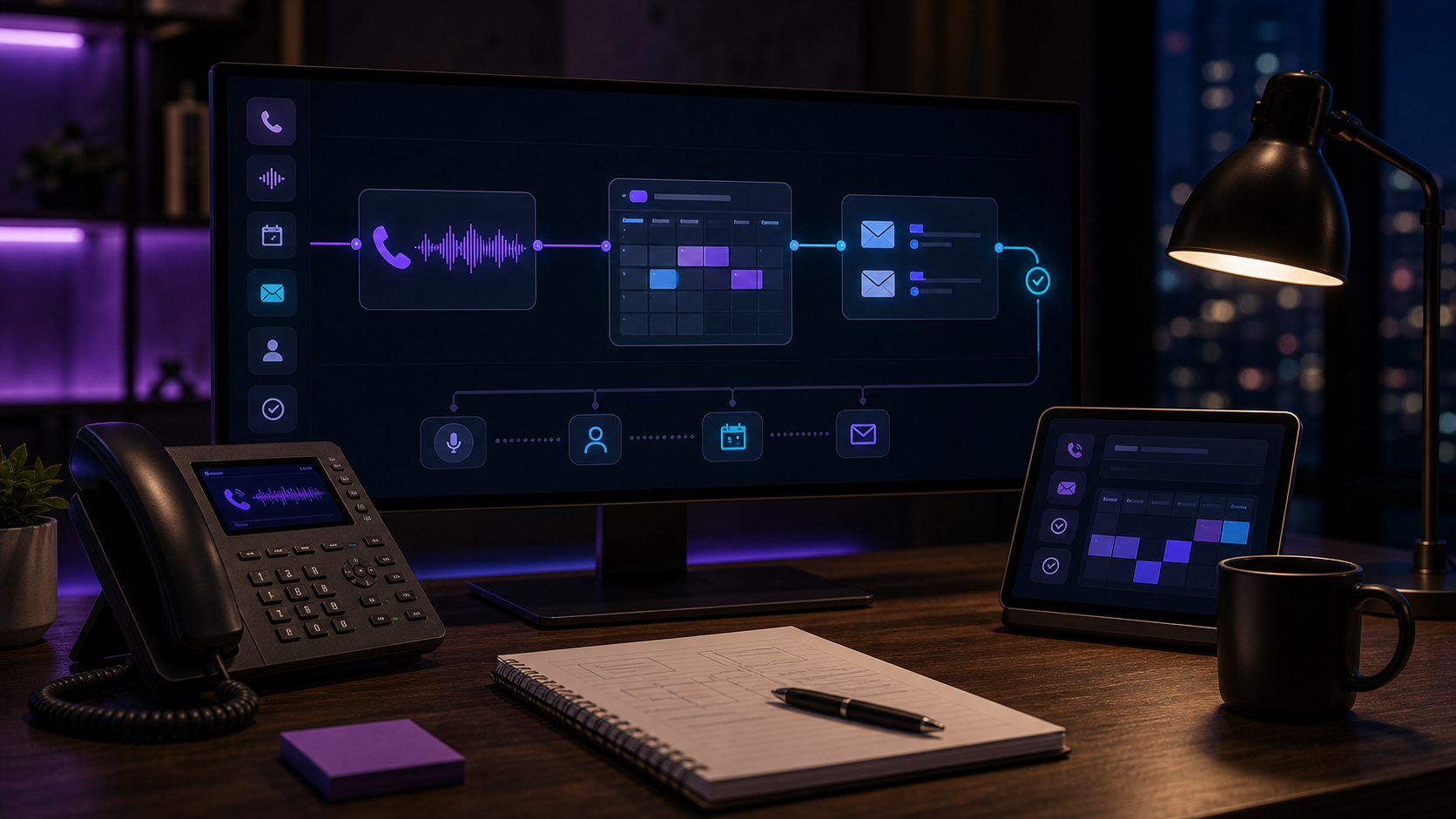 A technical operator workstation showing an abstract AI receptionist workflow from phone call to calendar booking and email confirmation