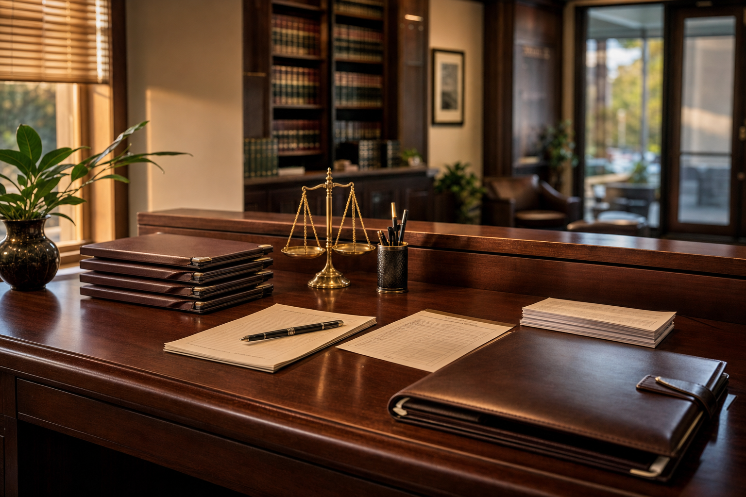 Recepcionista con IA para bufetes de abogados en Canadá mostrada como una recepción legal discreta con expedientes, una pluma fuente y un registro de llamadas en papel.