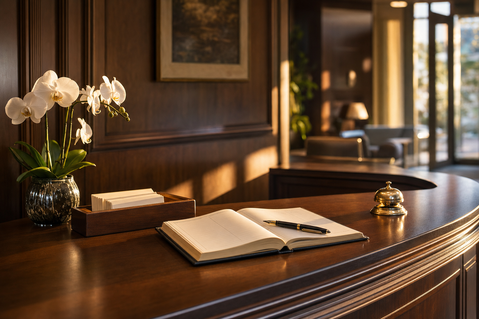 A calm, organized front-desk reception area at golden hour with a paper appointment book, a brass desk bell, and fresh flowers, no people present.