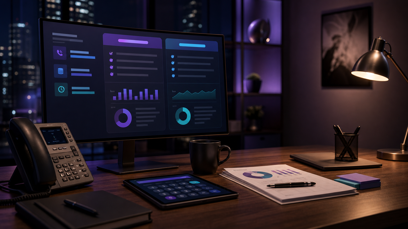 A premium operator desk with an AI receptionist pricing comparison dashboard, business phone, and ROI documents