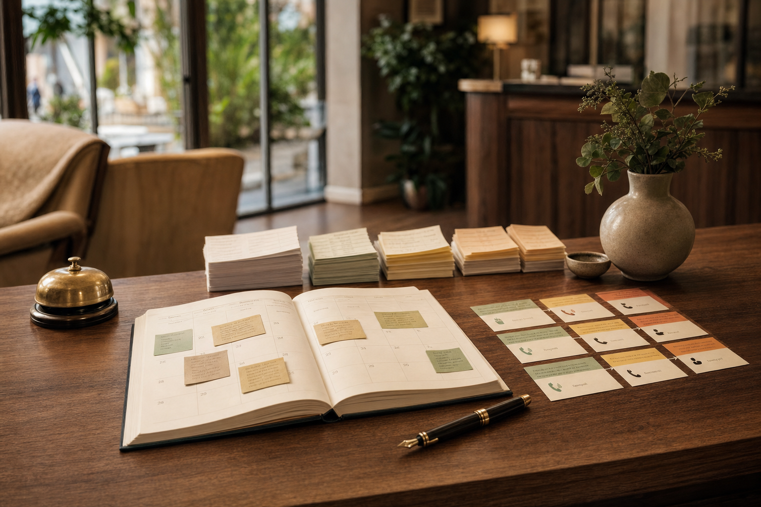 An AI receptionist under $100 per month represented by an orderly front-desk call log, paper calendar, and routing notes in warm light.