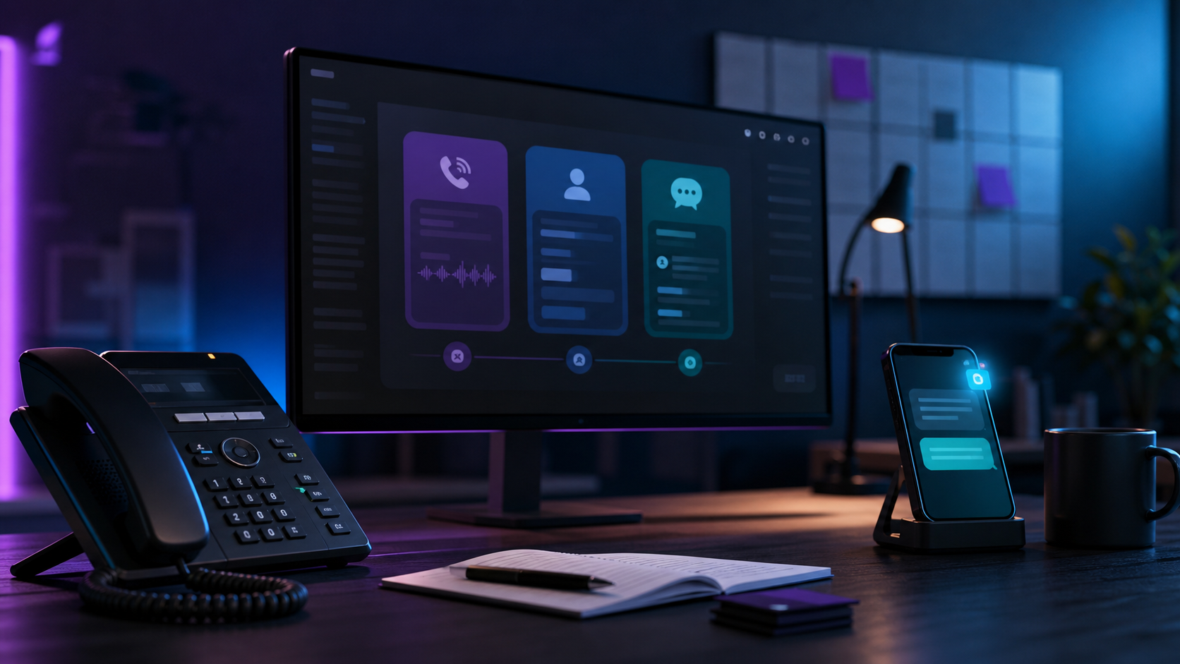 A premium operations desk showing a business phone, AI call routing dashboard, and missed-call text follow-up interface