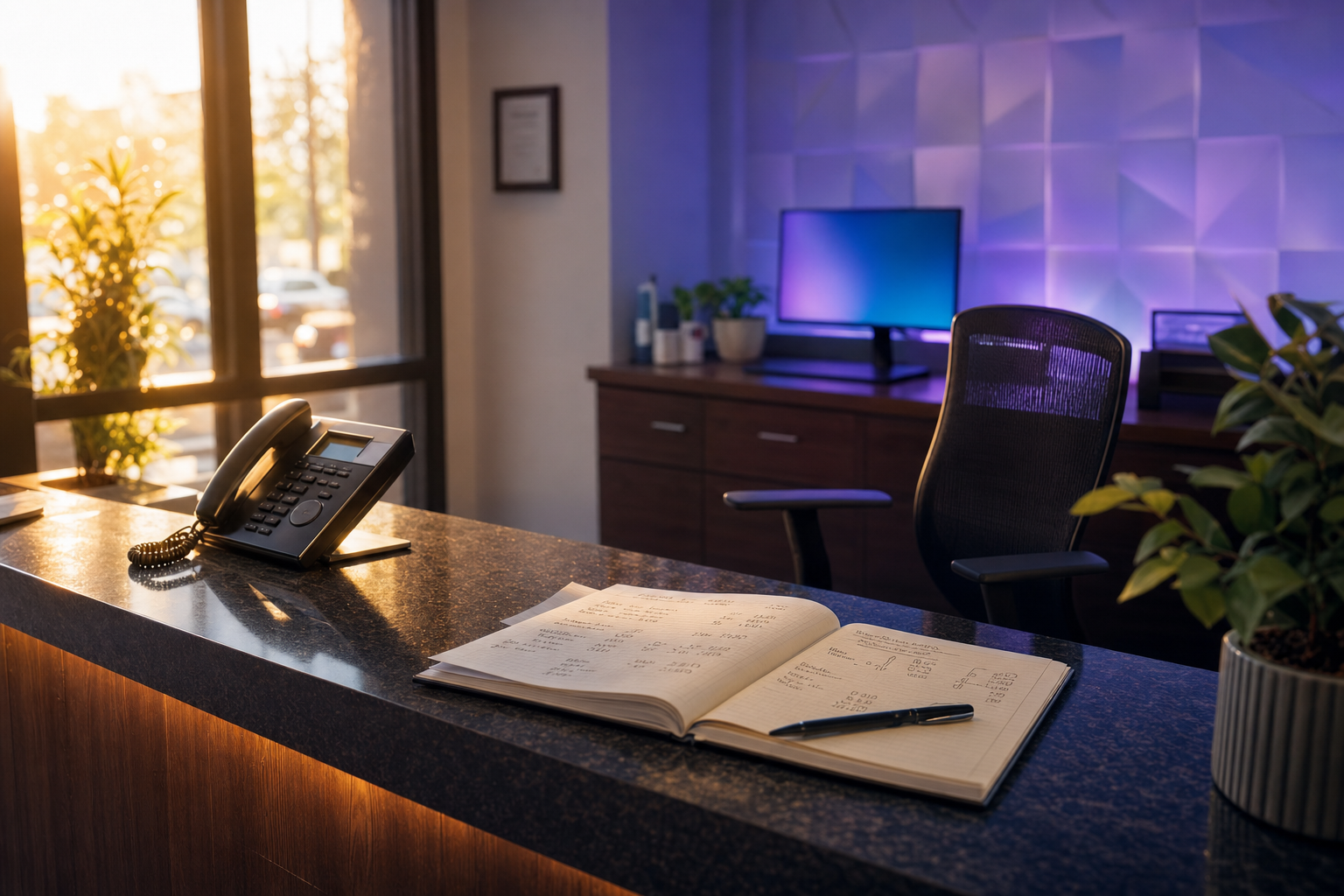 A solo business owner reviewing costs at a front desk with warm afternoon light and a phone on the counter