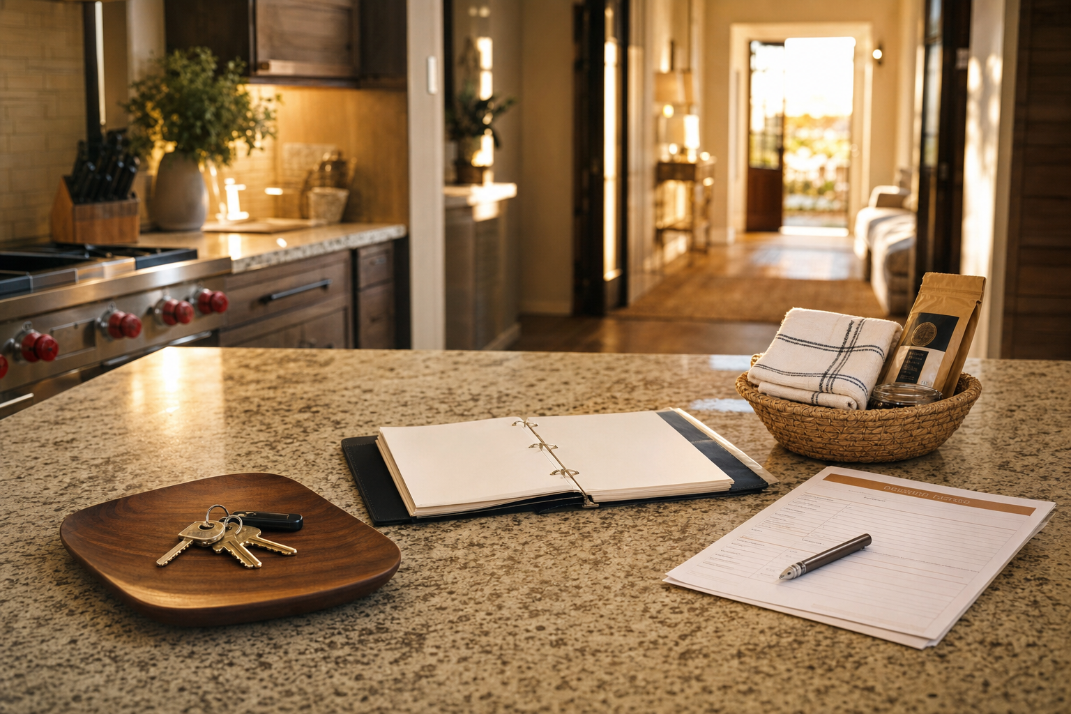 A calm vacation rental kitchen island with house keys, a paper guest welcome book, a printed turnover checklist, and warm afternoon light.