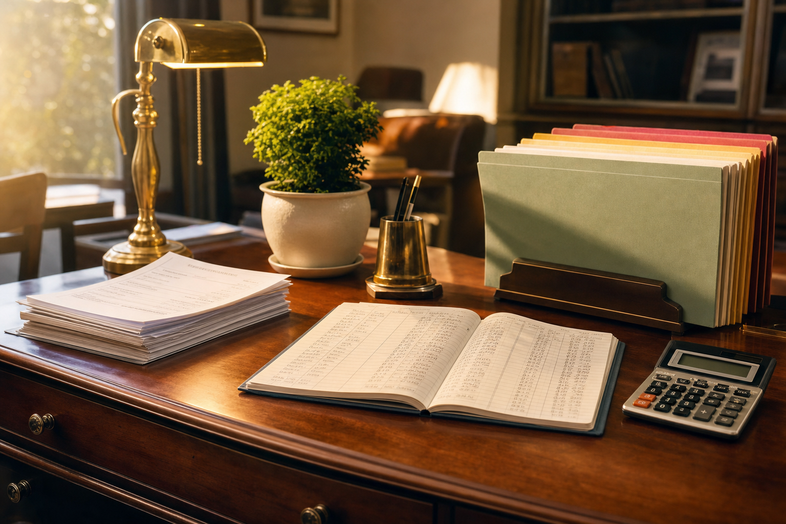 An orderly small-business sales desk in warm afternoon light with a printed vendor quote, a handwritten cost ledger, and a calculator, no person visible.