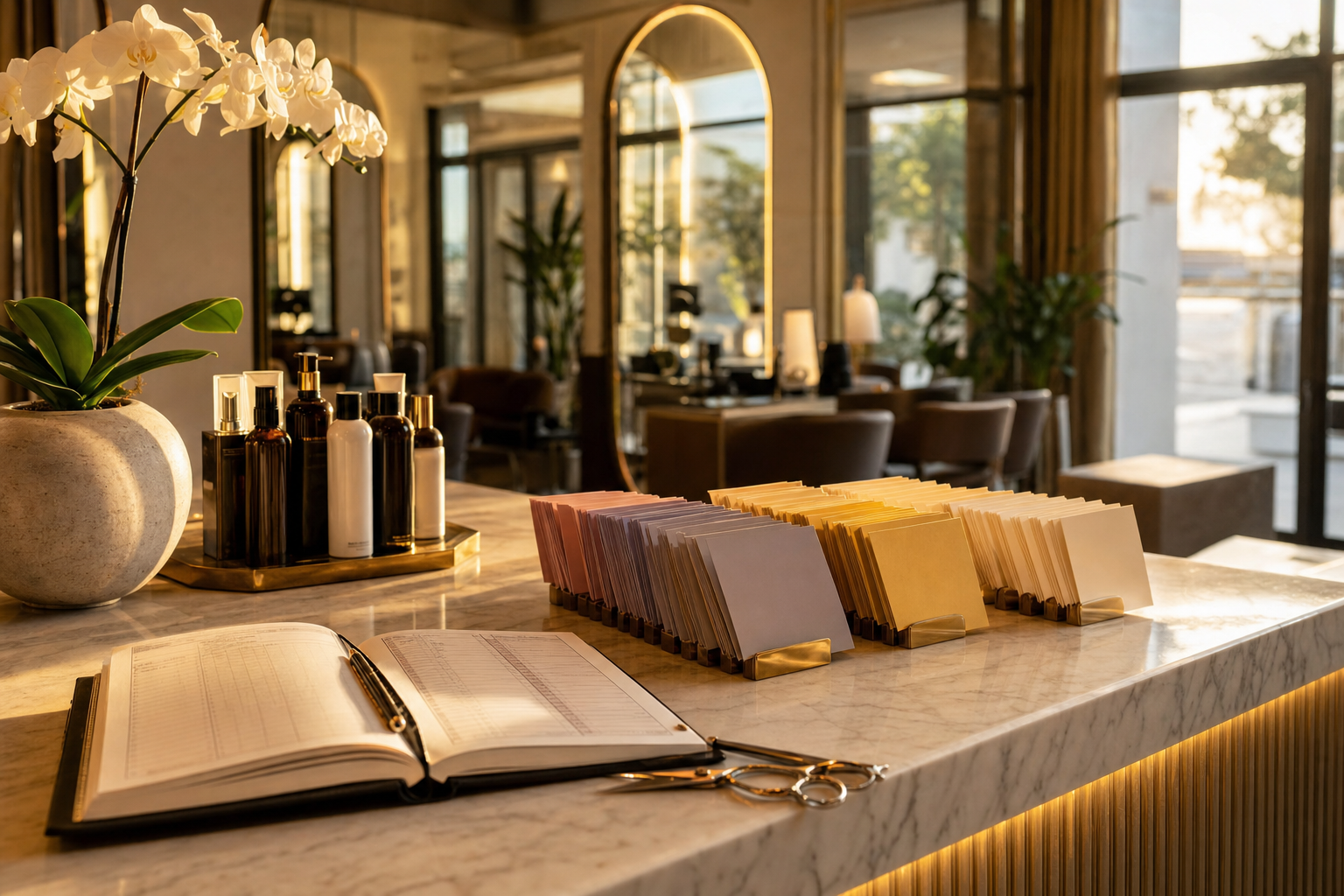 A calm salon reception desk showing an AI sales CRM for Instagram through color-coded contact cards, an open paper appointment book, and premium haircare bottles.