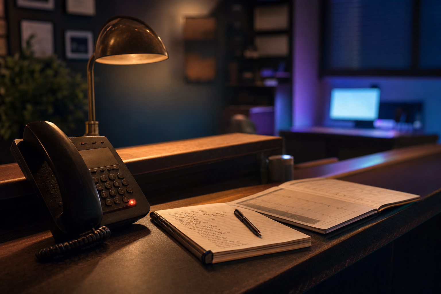 Small business reception desk after hours with a ringing phone beside a handwritten missed-call log and paper appointment book, warm amber light with subtle violet and cyan ambient glow from a background monitor, cinematic editorial photography