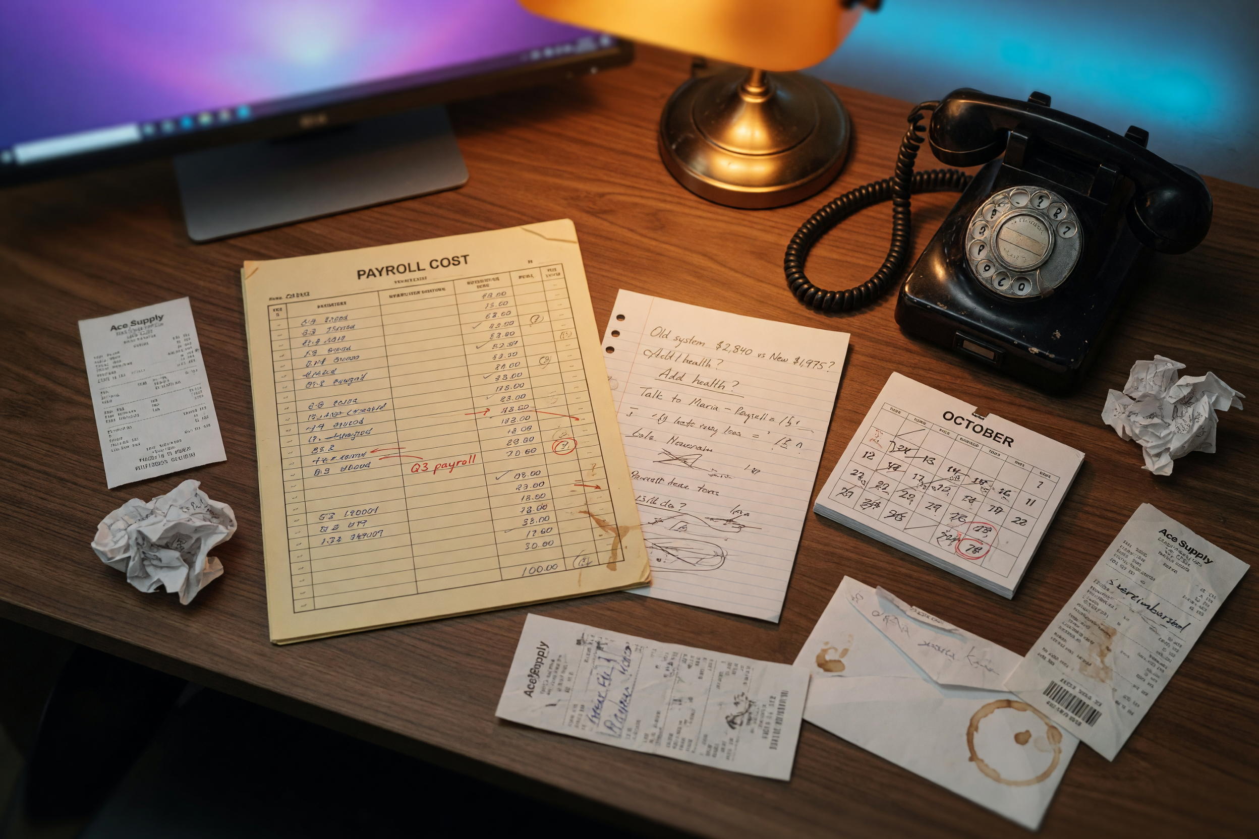 Vista cenital del escritorio de un pequeño negocio con una hoja de cálculo de nómina y notas de costos escritas a mano junto a un teléfono de escritorio y un calendario de citas, luz cálida ámbar de una lámpara, suave resplandor violeta ambiental de un monitor desenfocado al fondo