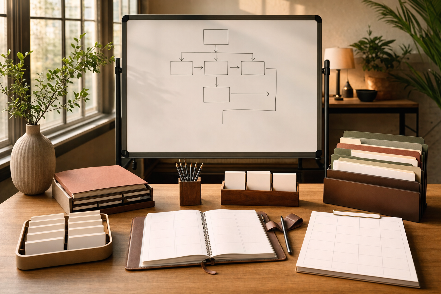 AI website chat for leads shown as an organized operations desk with contact cards, a paper lead ledger, and a whiteboard workflow.