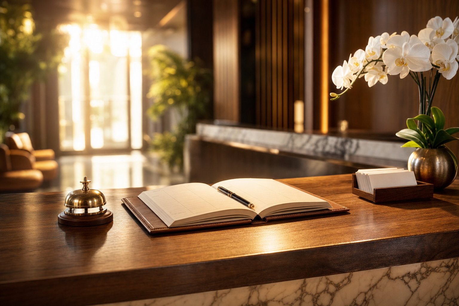 A calm, organized front-desk area of a small service business with an open paper appointment book, a brass call bell, and fresh flowers in warm morning light.