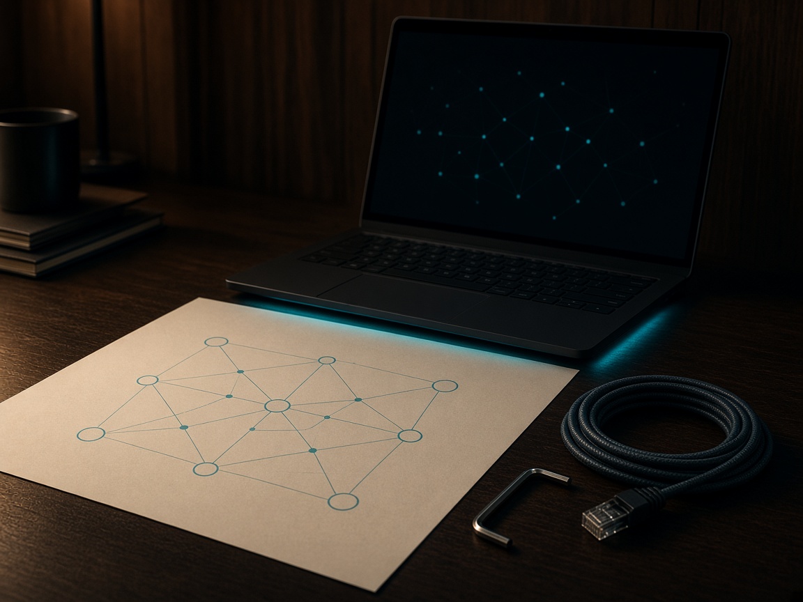 Abstract API diagram printed beside a laptop and a severity list
