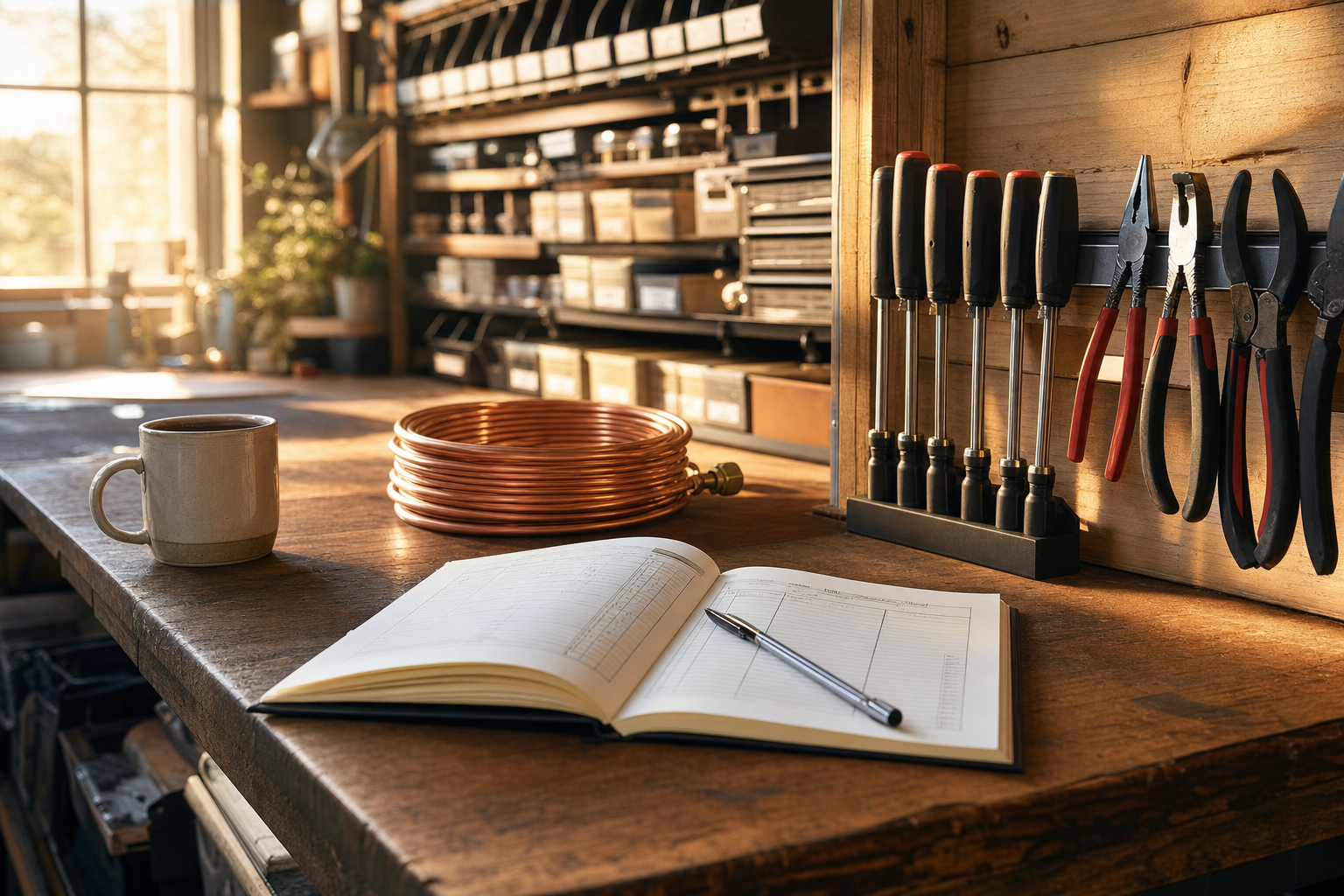 A calm, organized appliance repair workshop bench with hand tools on a magnetic strip, a paper work-order log, and copper fittings in warm morning light — the quiet an appliance repair answering service is meant to protect.