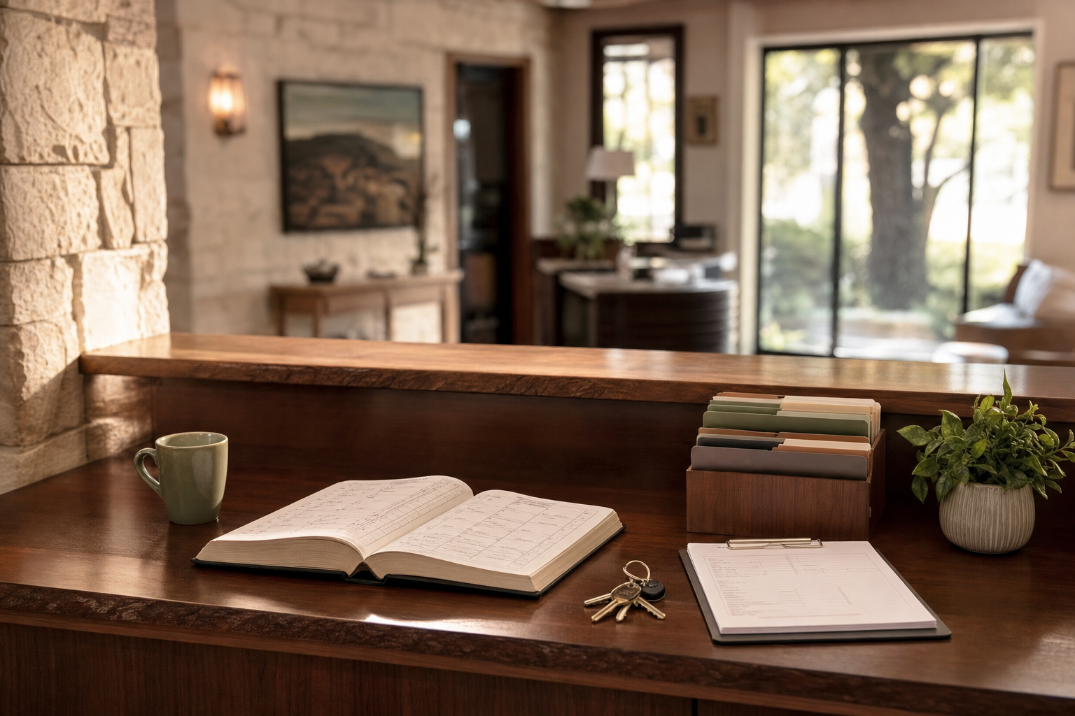 Austin AI services shown as an organized service-business front desk with call logs, appointment book, and routing notes in warm light.