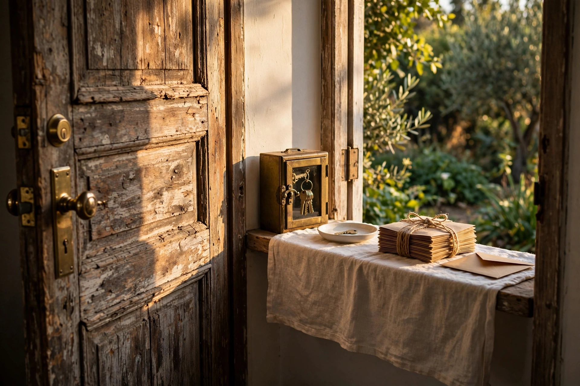 Late-day side light in a vacation-rental entry, brass and linen, with a latched key cabinet, a single spare key on a ceramic dish, and a thick rent stack beside one thin envelope, for Auth0 security review cost.
