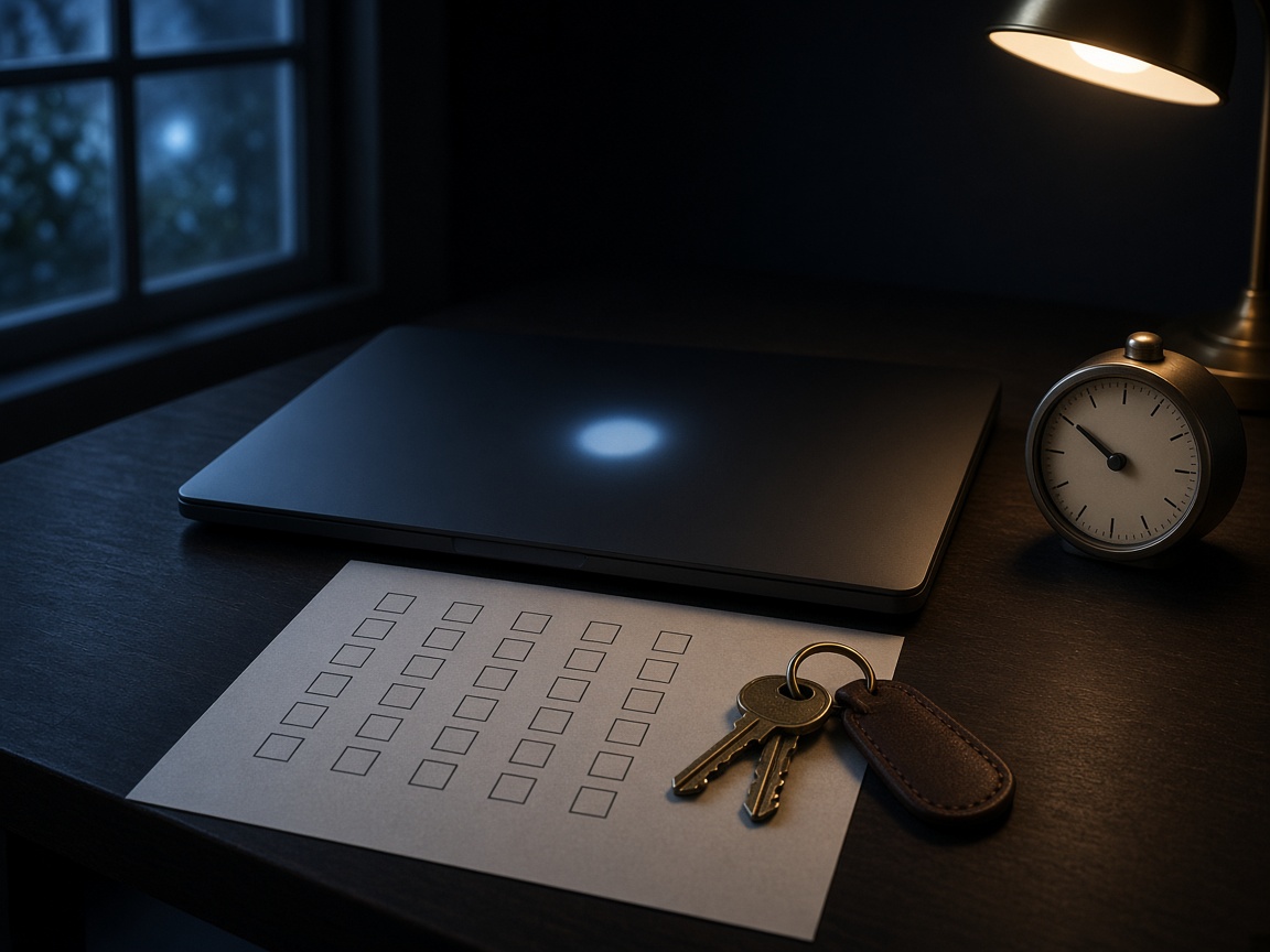 Brass keys, a session checklist, and a faint login glow on a night desk for an authentication security review