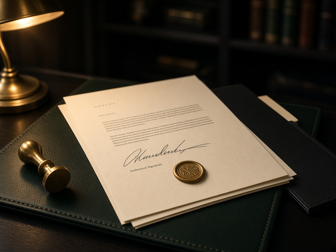 Signed authorization letter with a gold wax seal on a green leather pad for an authorized web app review