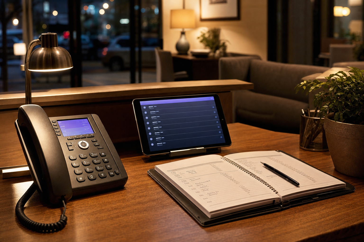 A quiet small-business reception desk at dusk with a desk phone, an open appointment book, and a softly glowing tablet showing a call log, warm lighting, no people