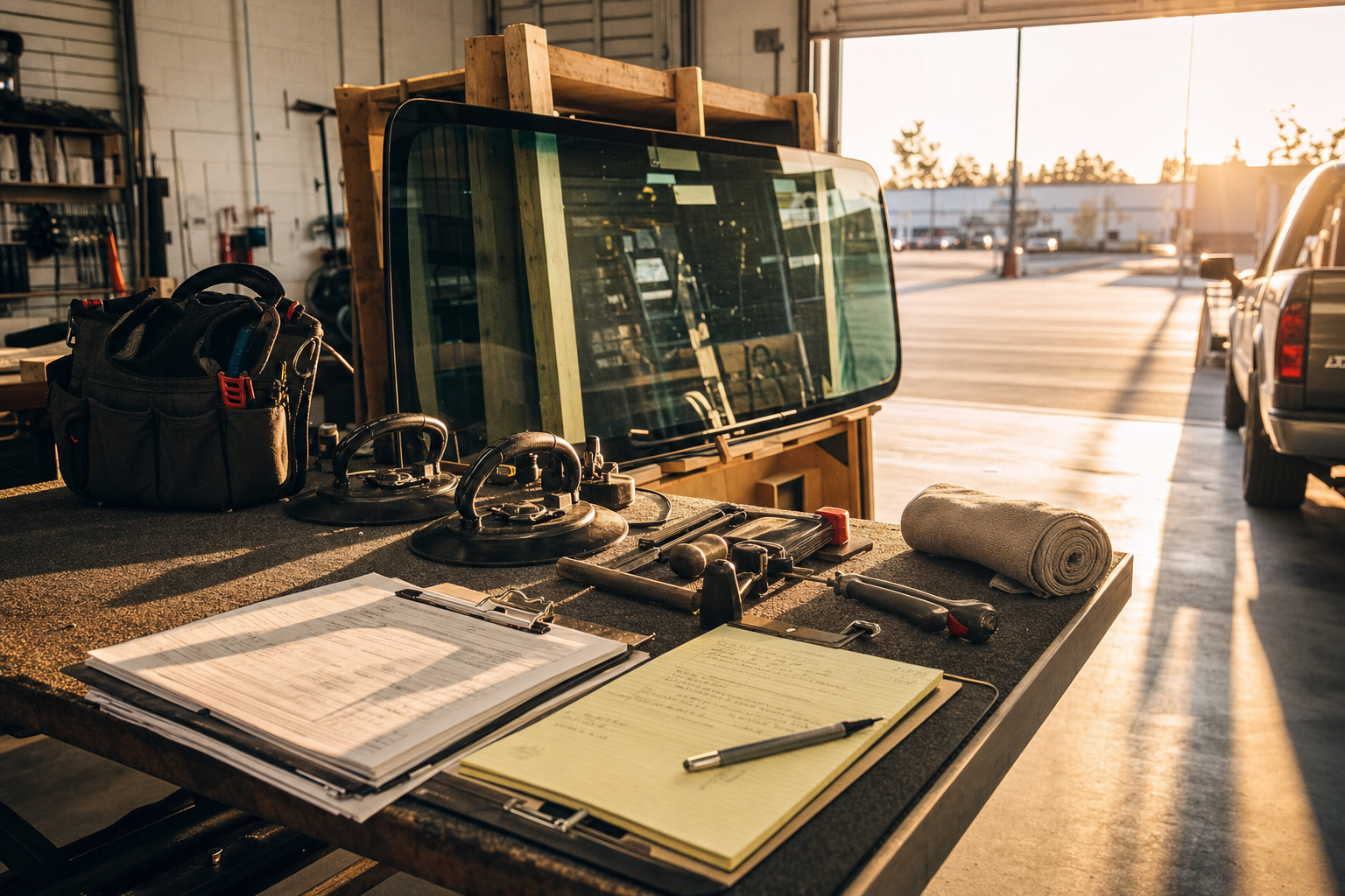 A quiet auto glass shop bay at golden hour with suction-cup install tools, a spare windshield crate, and a paper insurance-claim clipboard, implying an auto glass answering service covering after-hours jobs.