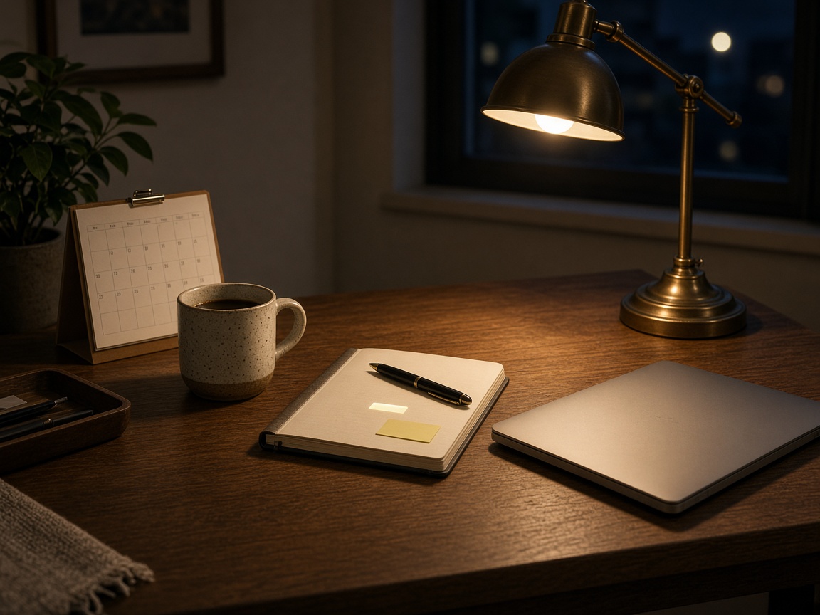 Night desk with a paper calendar, coffee, and one highlighted task on a notepad