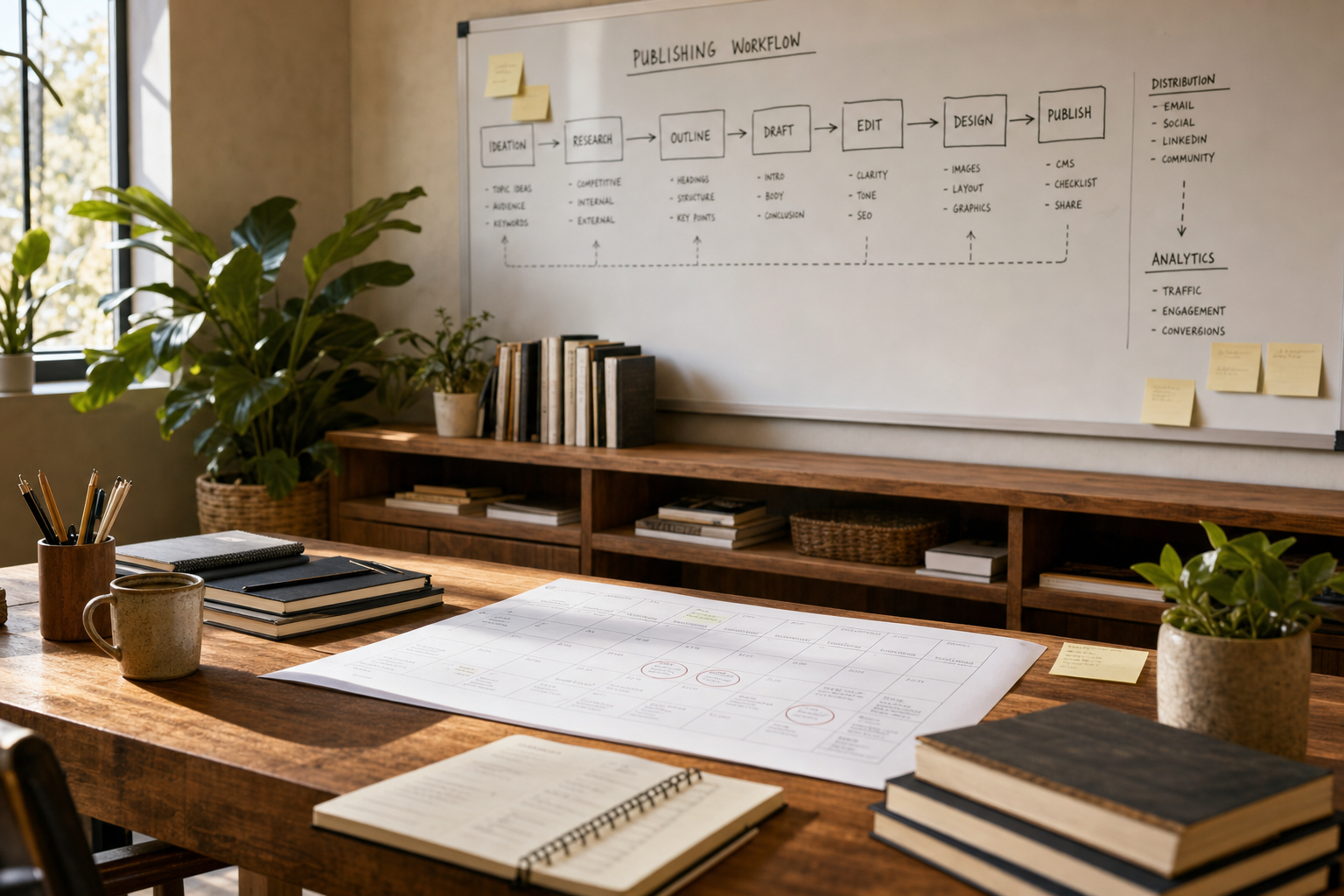 An autopublished blog agent represented by a calm operations desk with paper publishing notes, a marked editorial calendar, and a whiteboard workflow.