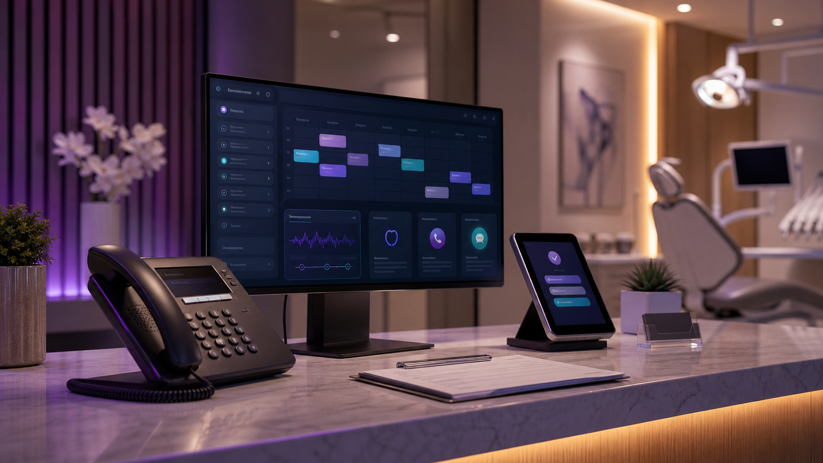 A modern dental front desk with a phone, AI scheduling dashboard, and appointment tablet after hours