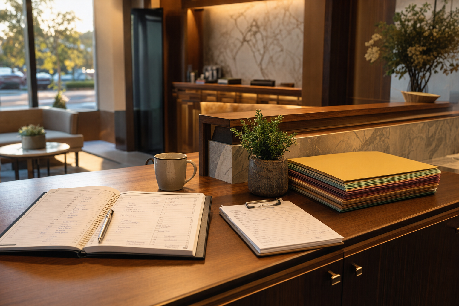 A calm, organized service-business front desk with a paper appointment book, work-order clipboard, and a coffee mug in warm morning light.