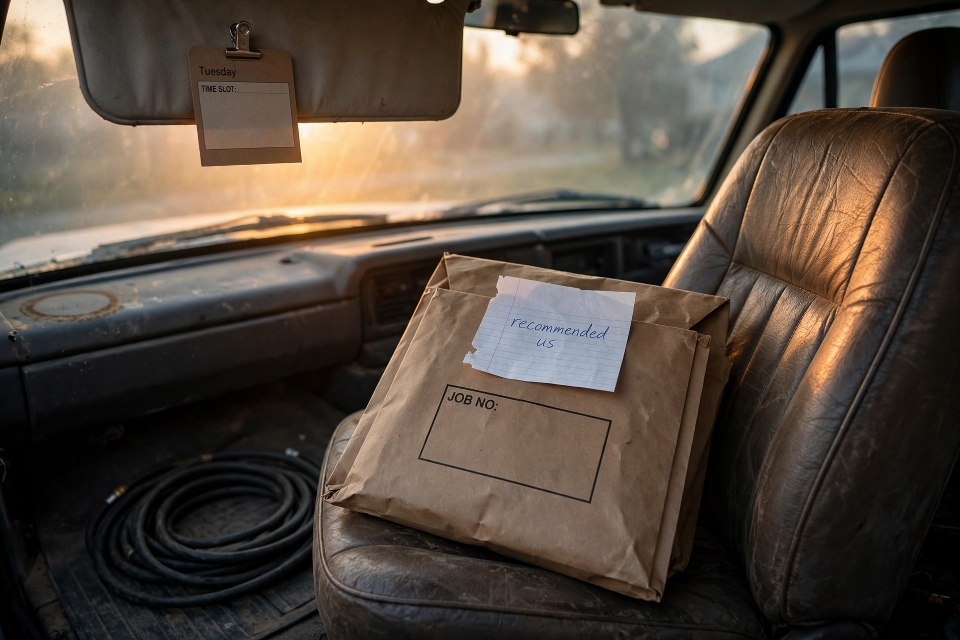 Dawn inside a contractor truck cab where a numbered Jobber job jacket, an unsigned ChatGPT referral slip, and an empty Tuesday slot tag sit on the passenger seat — the gap when you cannot yet book Jobber from ChatGPT.
