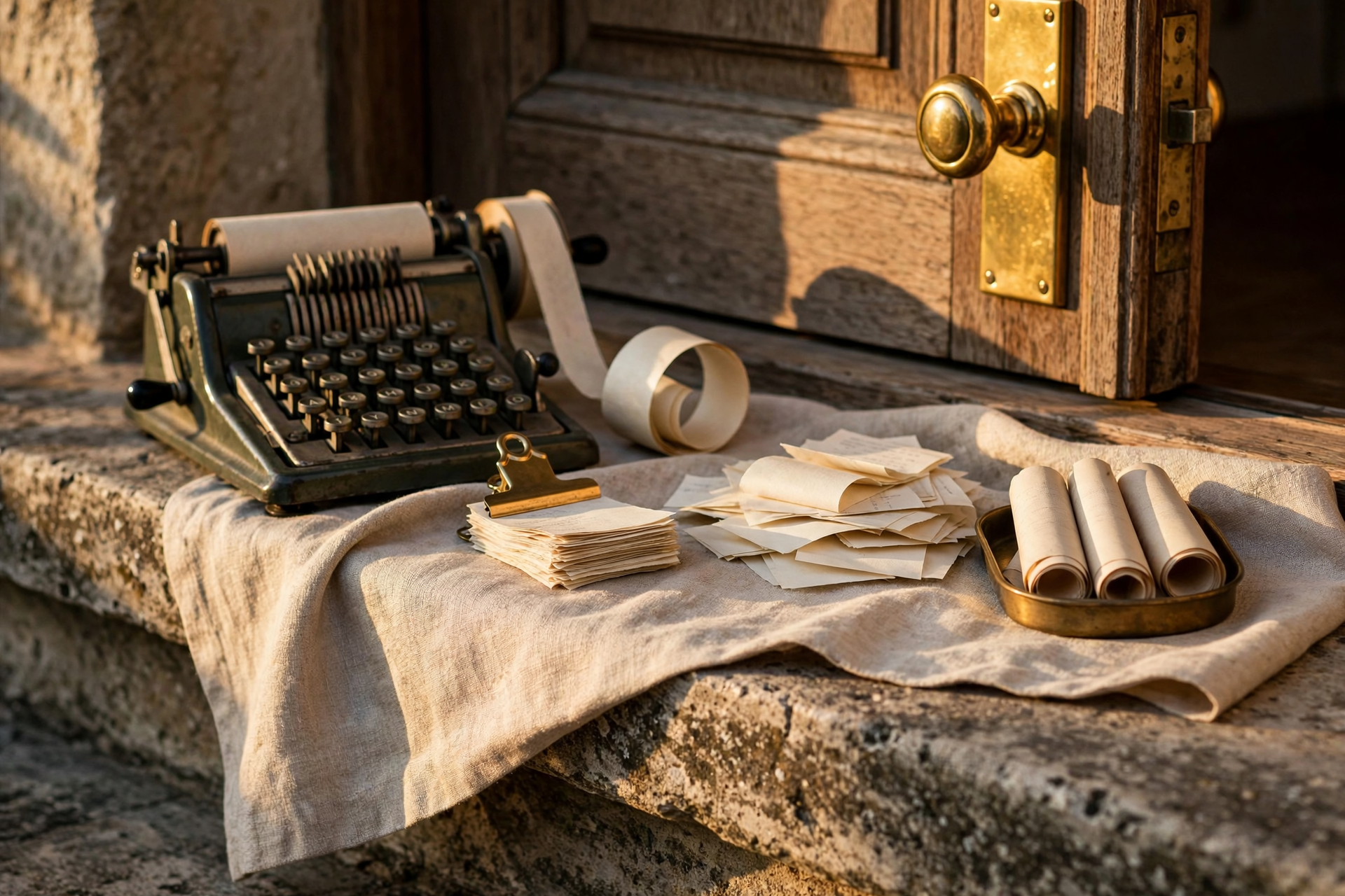 Late-day side light in a vacation-rental entry, with a mechanical adding machine, a clipped receipt stack beside a loose pile, and a brass coin tray, for bookkeeping automation small business.