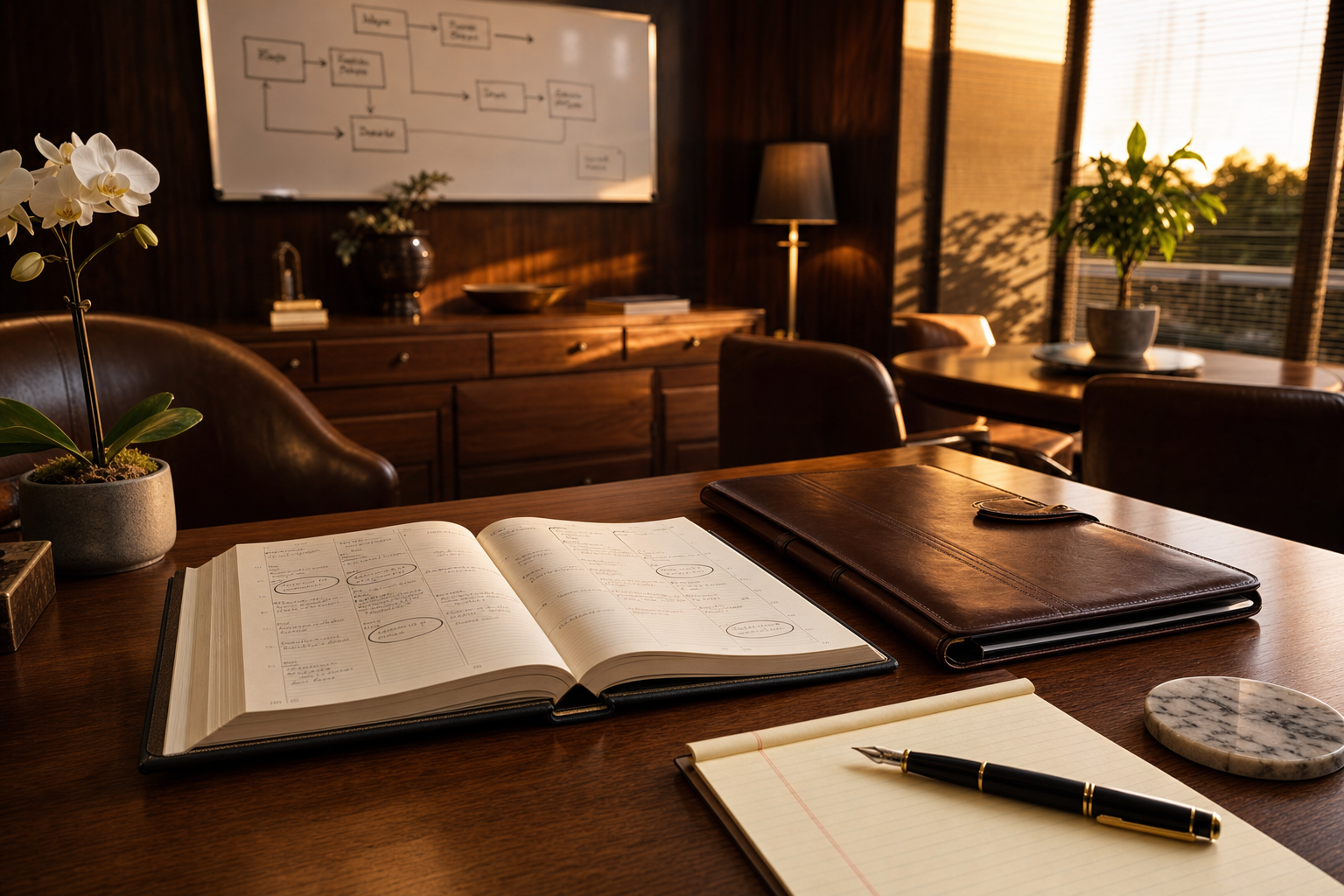 Walnut desk with an open paper appointment book representing Calendly vs AI receptionist booking, circled dates, leather portfolio, warm cinematic light