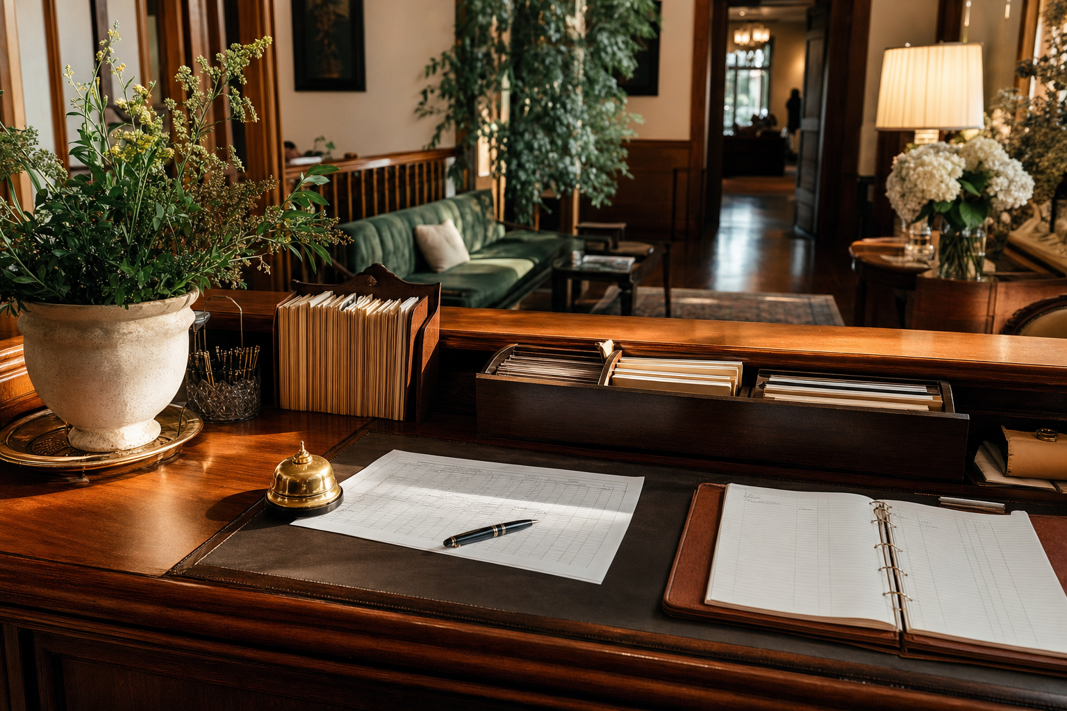 Call recordings for AI receptionist setup represented by a polished service desk with paper call logs, a fountain pen, and neatly sorted intake folders.