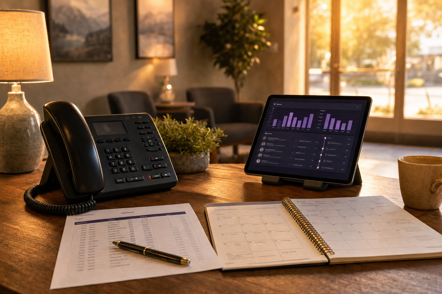 La recepción tranquila de un negocio de servicios con un teléfono de escritorio sonando, un registro de llamadas impreso y una tableta que muestra un panel de seguimiento de llamadas bajo la cálida luz de la mañana.