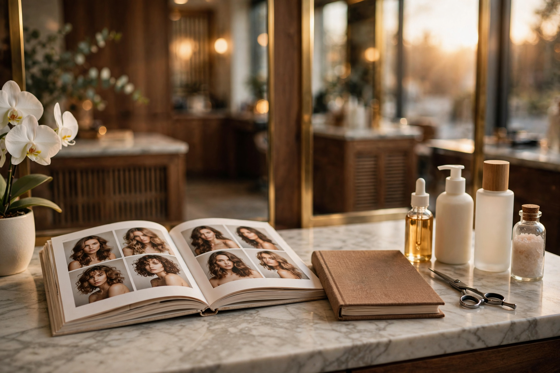 Printed salon lookbook and an open paper appointment book on a marble station, standing in for ChatGPT Images 2.5 creative work without a screen.
