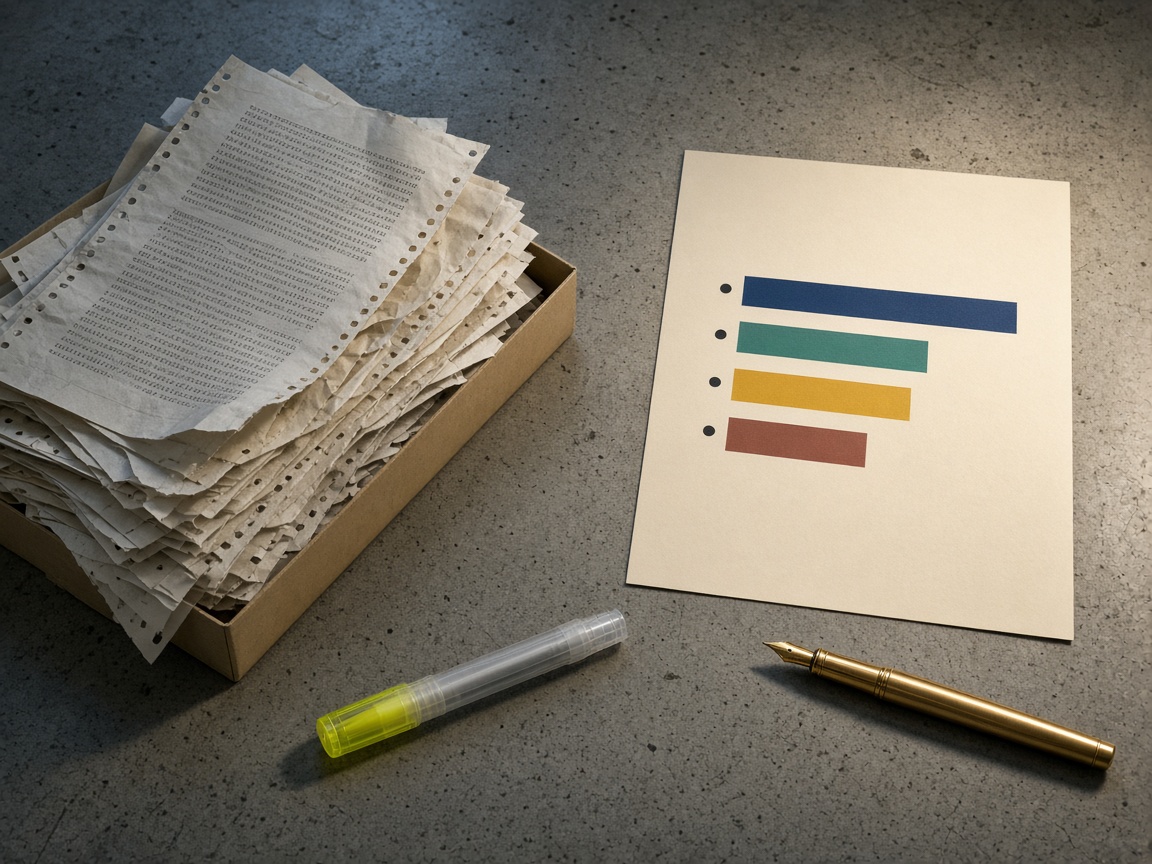 Thin stacked printouts of scanner output next to a single ranked report