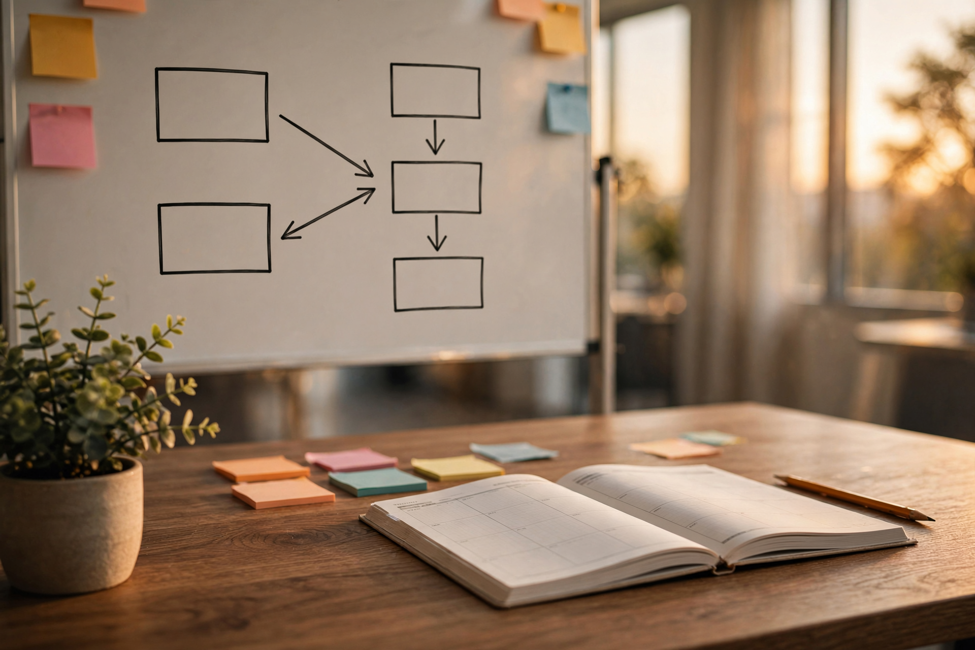 A quiet operations desk with a marker-drawn flowchart collapsing two work columns into one, standing in for the Claude Cowork and chat merge under warm window light.