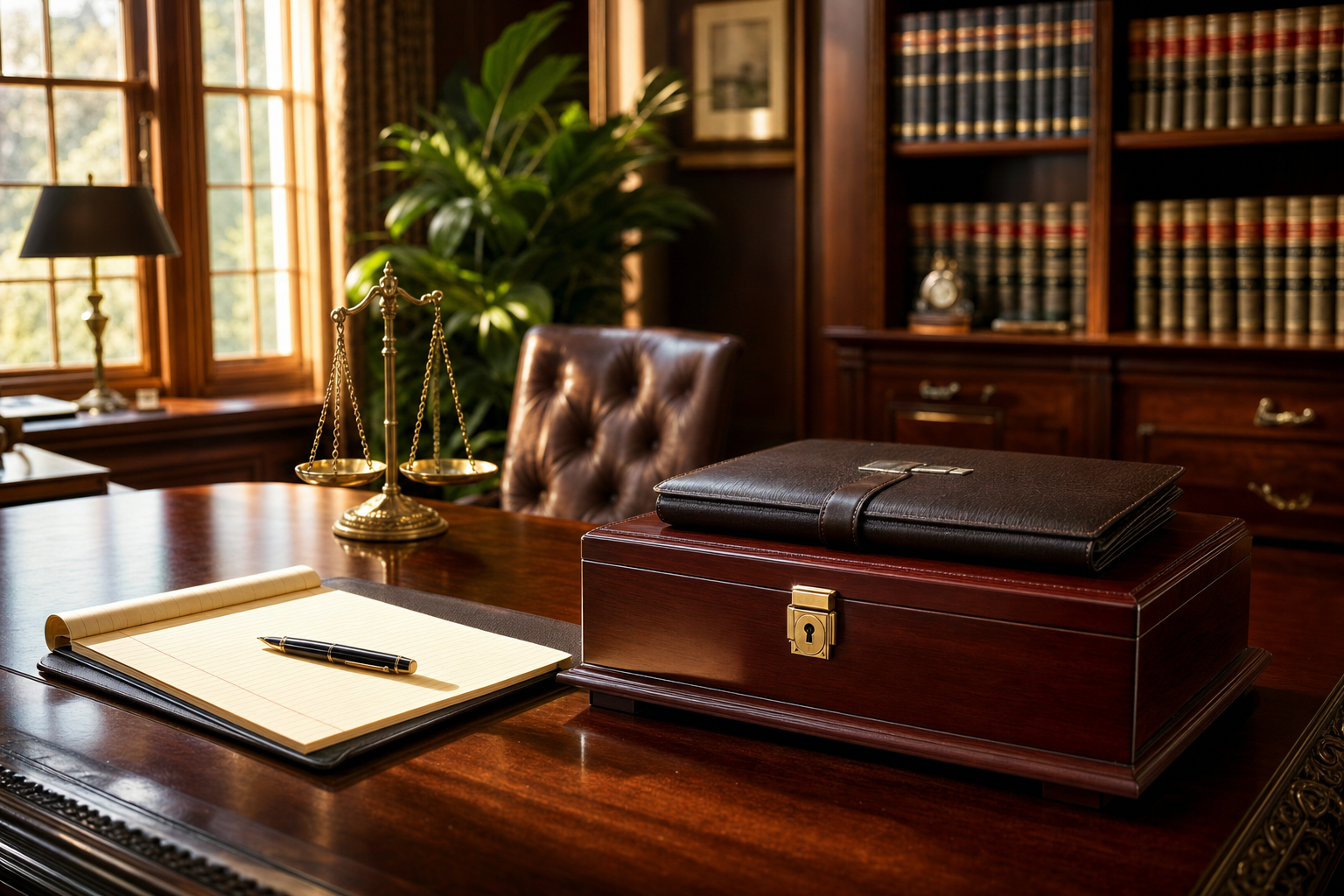 A mahogany operations desk with a locked wooden file box and leather portfolio representing Claude data retention under customer control, warm library light.