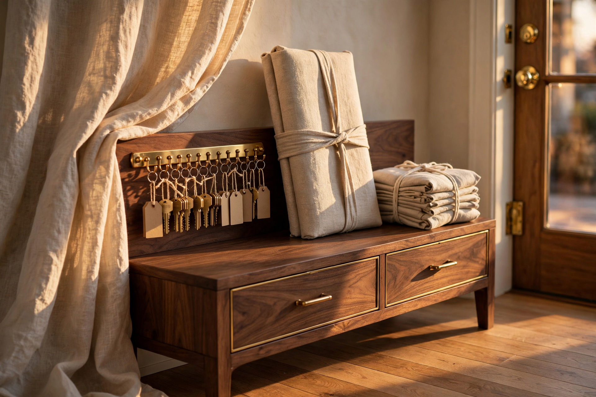 Claude Projects from phone shown as a leasing-office entry in late-day side light, with a brass numbered key rack for parallel threads, a master lease folio as the coordinator, and a linen stack of property packets as the project library.