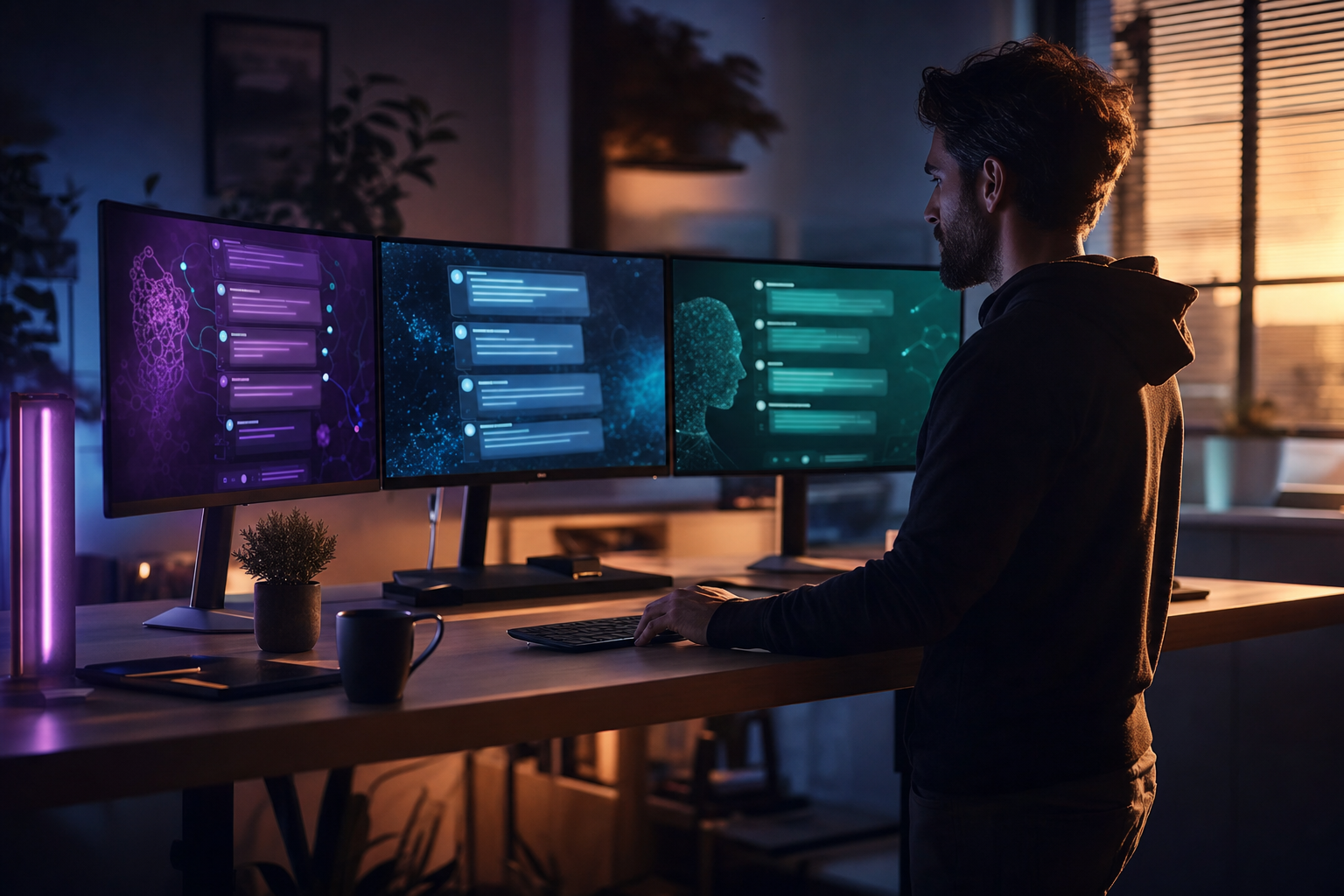 An operator at a standing desk with multiple monitors showing different AI interfaces, warm amber window light, violet and cyan ambient glow from secondary screens, cinematic editorial style.