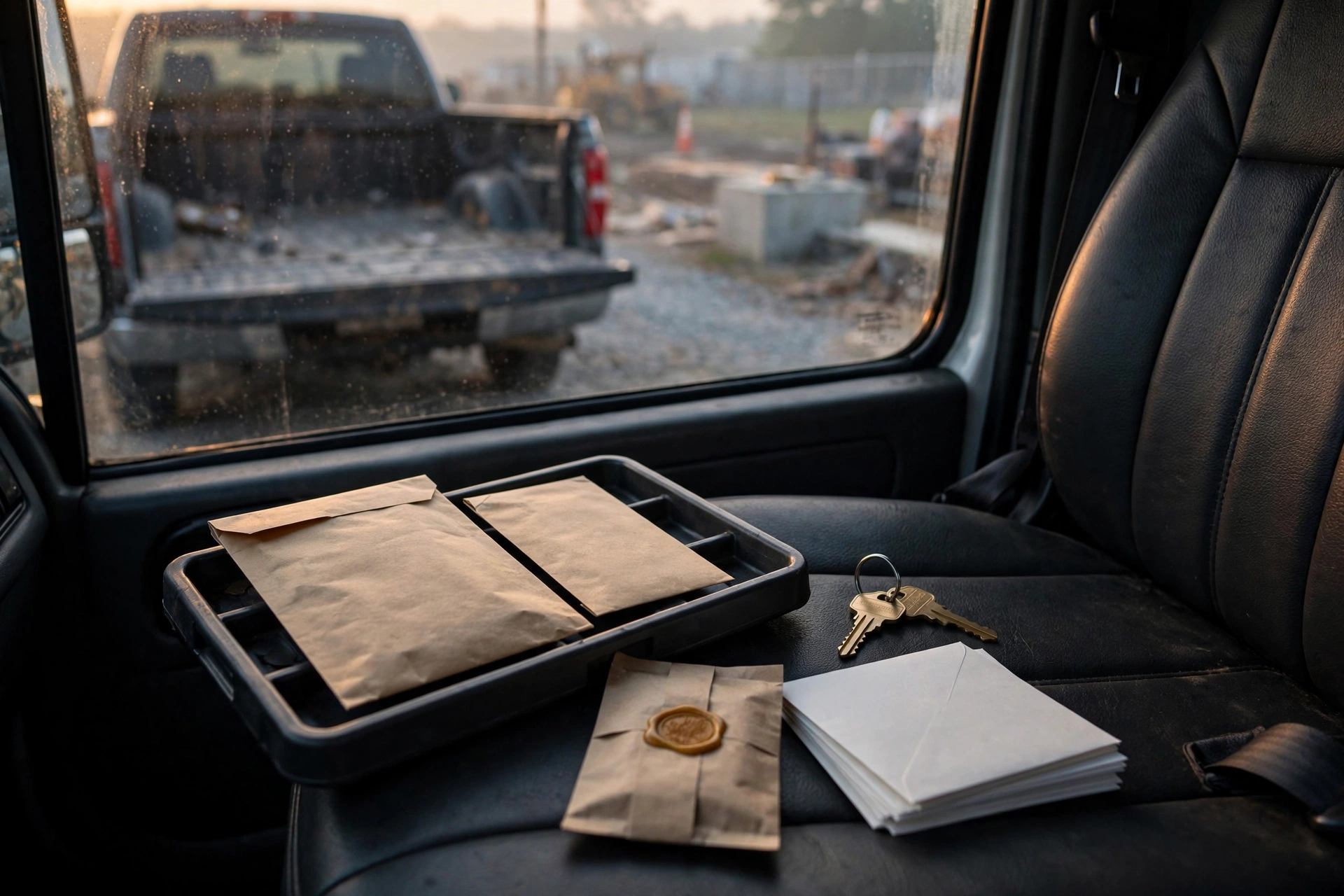 Dawn windshield amber in a contractor truck cab, with two differently cut brass keys, a wax-sealed packet beside a shorter open packet, and two bid envelopes in a coin tray, for Clerk security review cost.