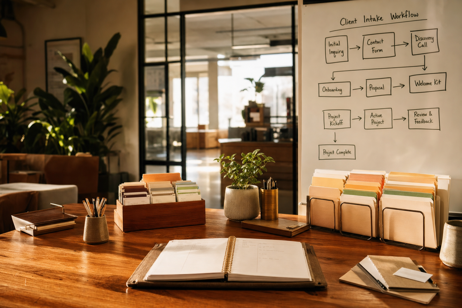 A quiet operations desk arranged for a client intake CRM workflow, with contact cards, file folders, and a paper planner.