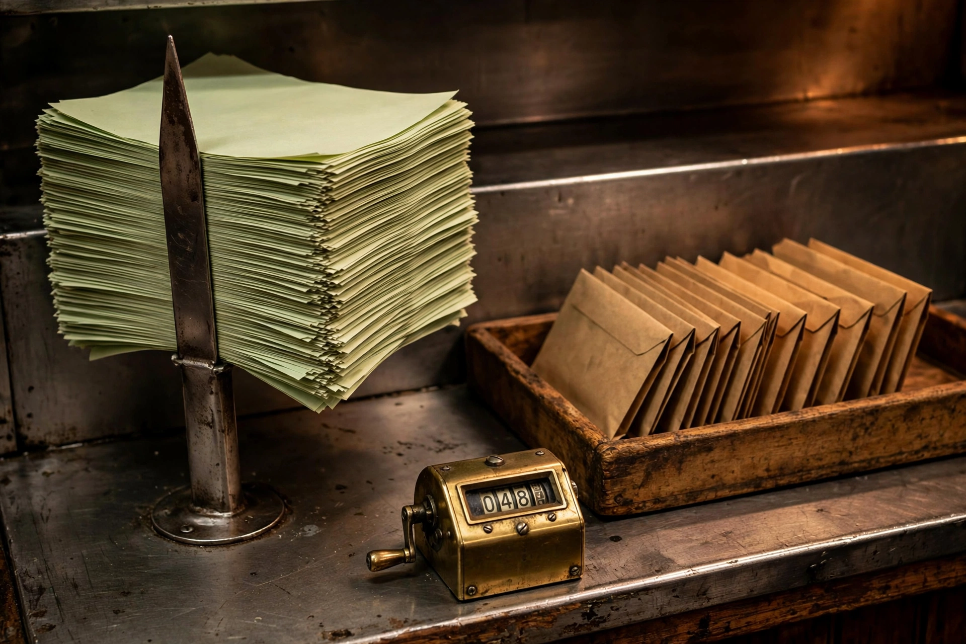 Hoja de comisiones de trabajos cerrados sobre el pase de un restaurante bajo luz de tungsteno, con un pincho de órdenes de trabajo al carbón, sobres de pago kraft y un contador de latón sobre acero y madera.