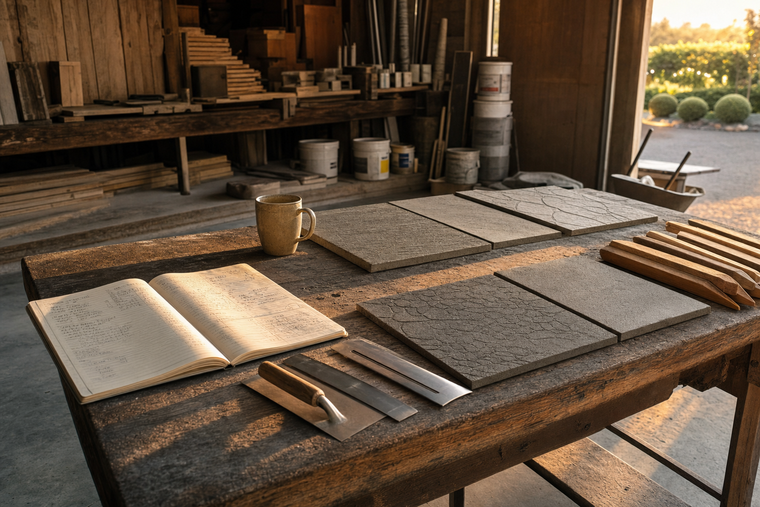 Concrete contractor answering service intake on a quiet workshop bench with a paper estimate book, steel trowels, form stakes, and sample finish boards in warm light.