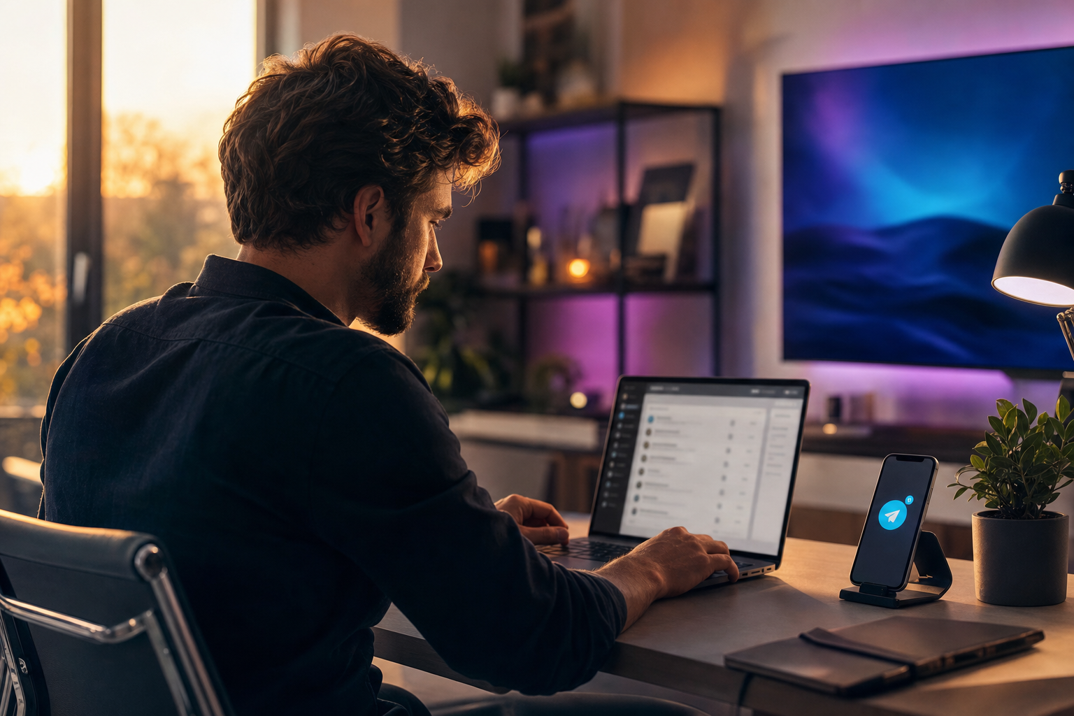 Dueño de negocio revisando el pipeline de prospectos de un CRM en una laptop en su oficina, con un teléfono mostrando una notificación de Telegram a su lado, luz cálida color ámbar, estilo editorial