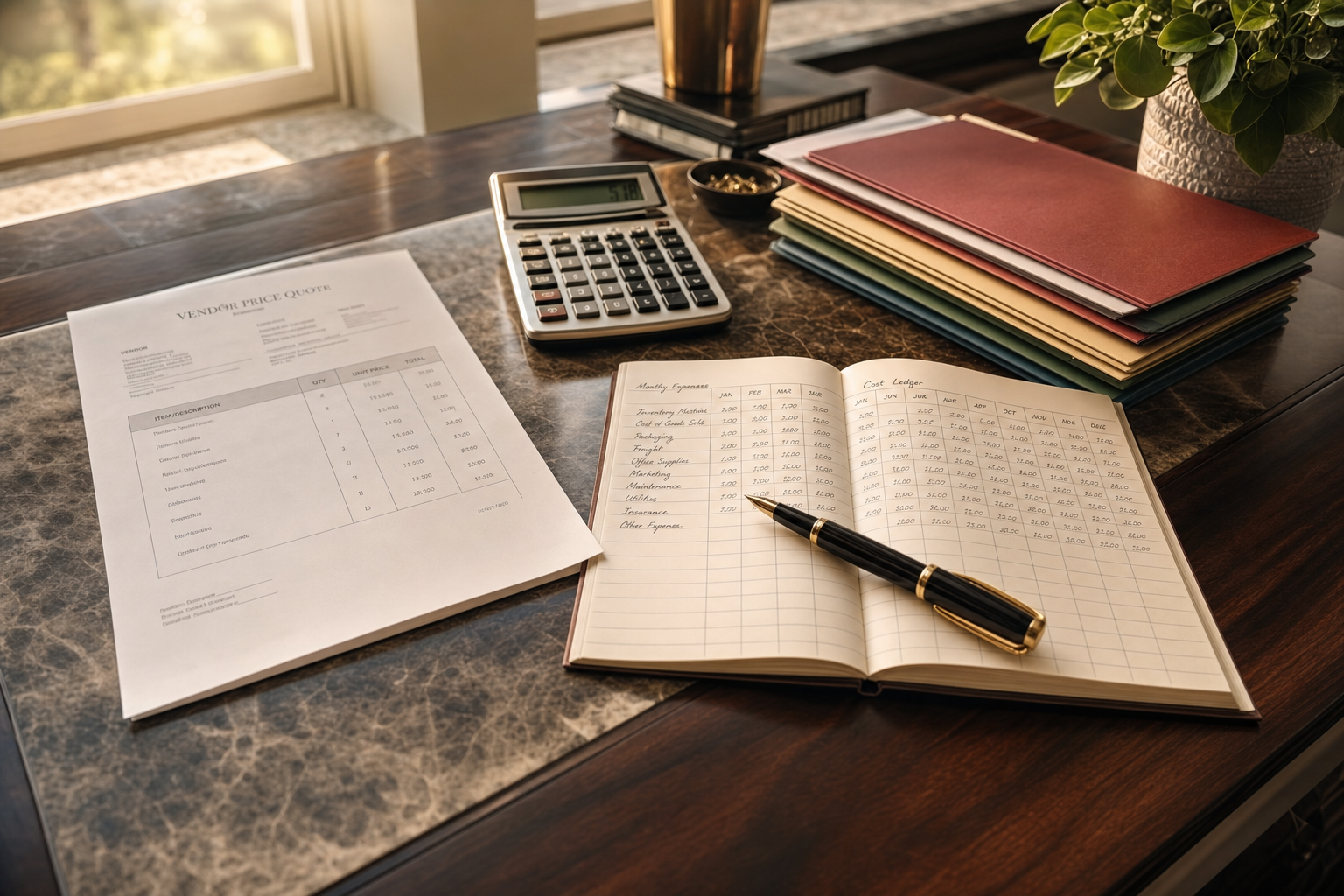 Un escritorio de operaciones de pequeña empresa ordenado con luz cálida de tarde, con una cotización de proveedor impresa, una calculadora y un cuaderno de costos mensuales escrito a mano, sin personas visibles
