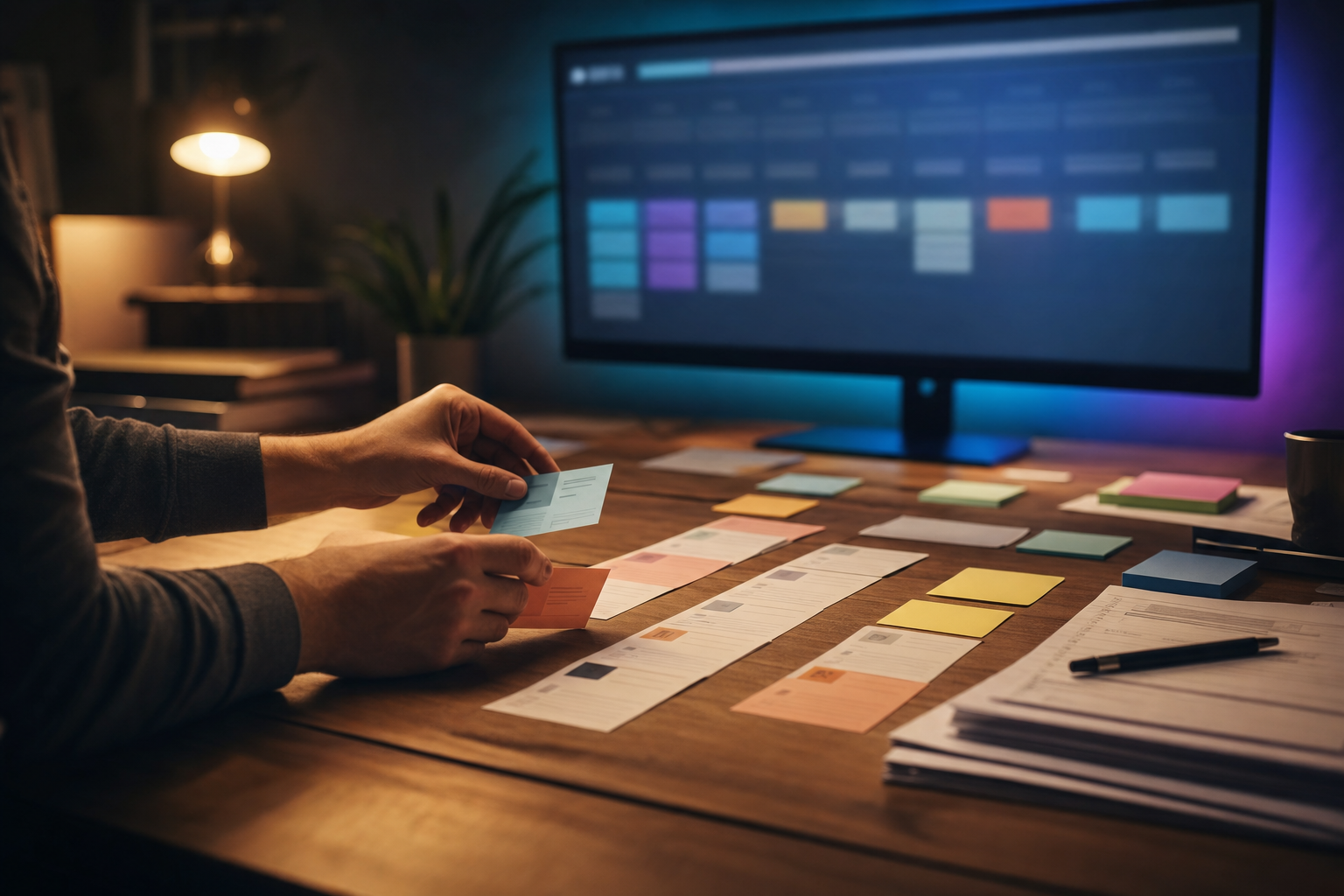 Hands sorting color-coded lead intake cards and sticky notes on a wooden business desk, with a blurred CRM pipeline visible on a monitor in the background