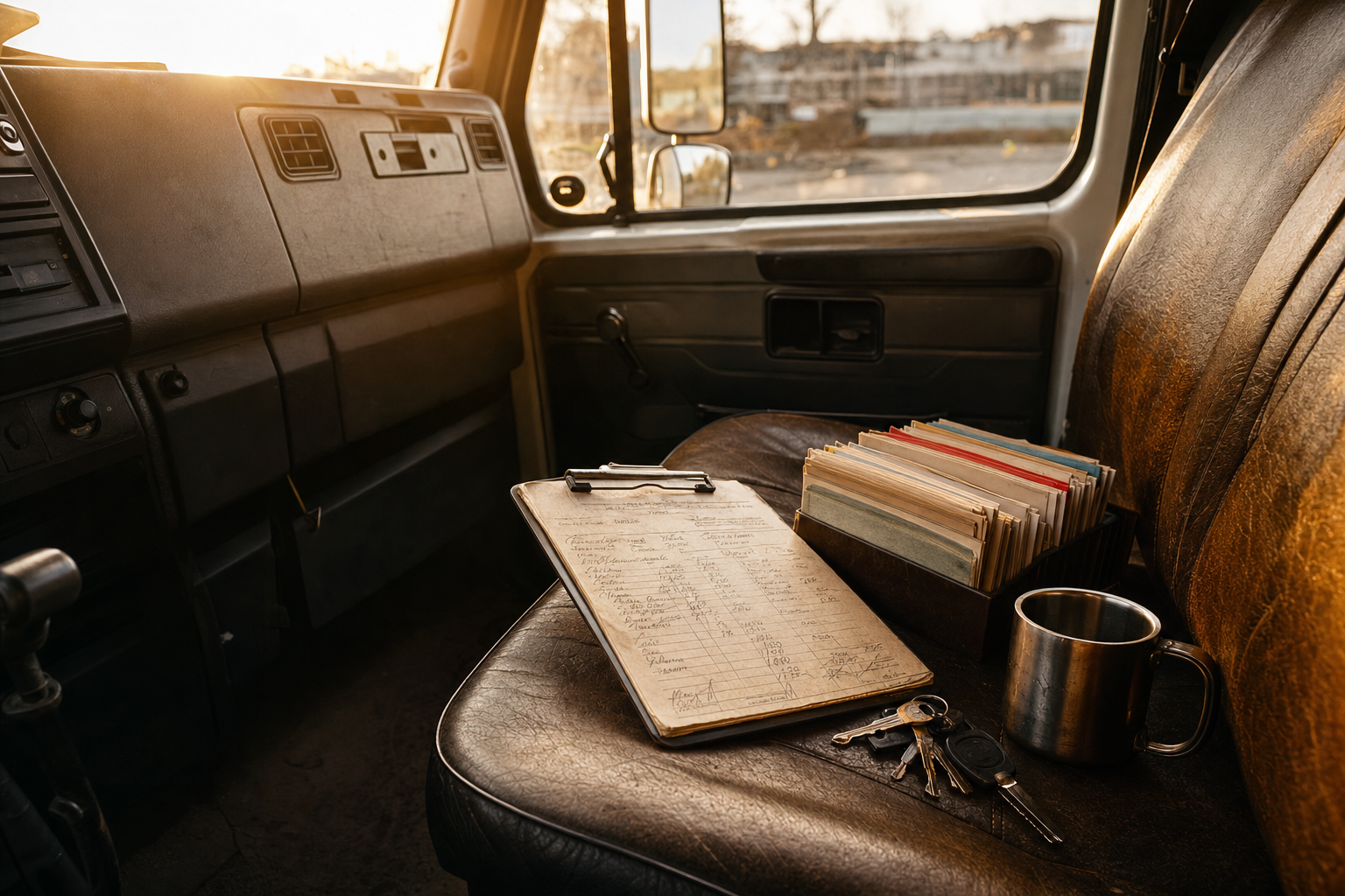 An orderly service-truck cab at golden hour with a paper work-order clipboard and a hand-sorted client contact-card box on the seat, no people.
